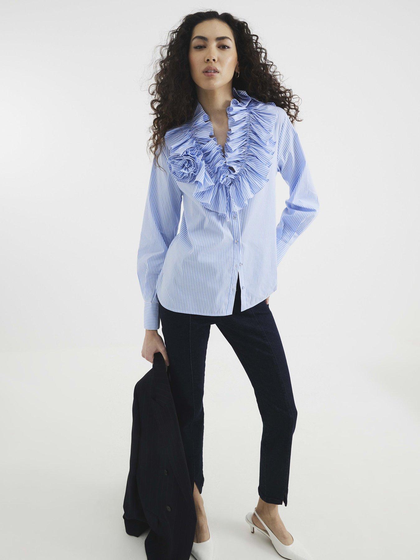 undefined Stripe Long Sleeve Ruffle Shirt