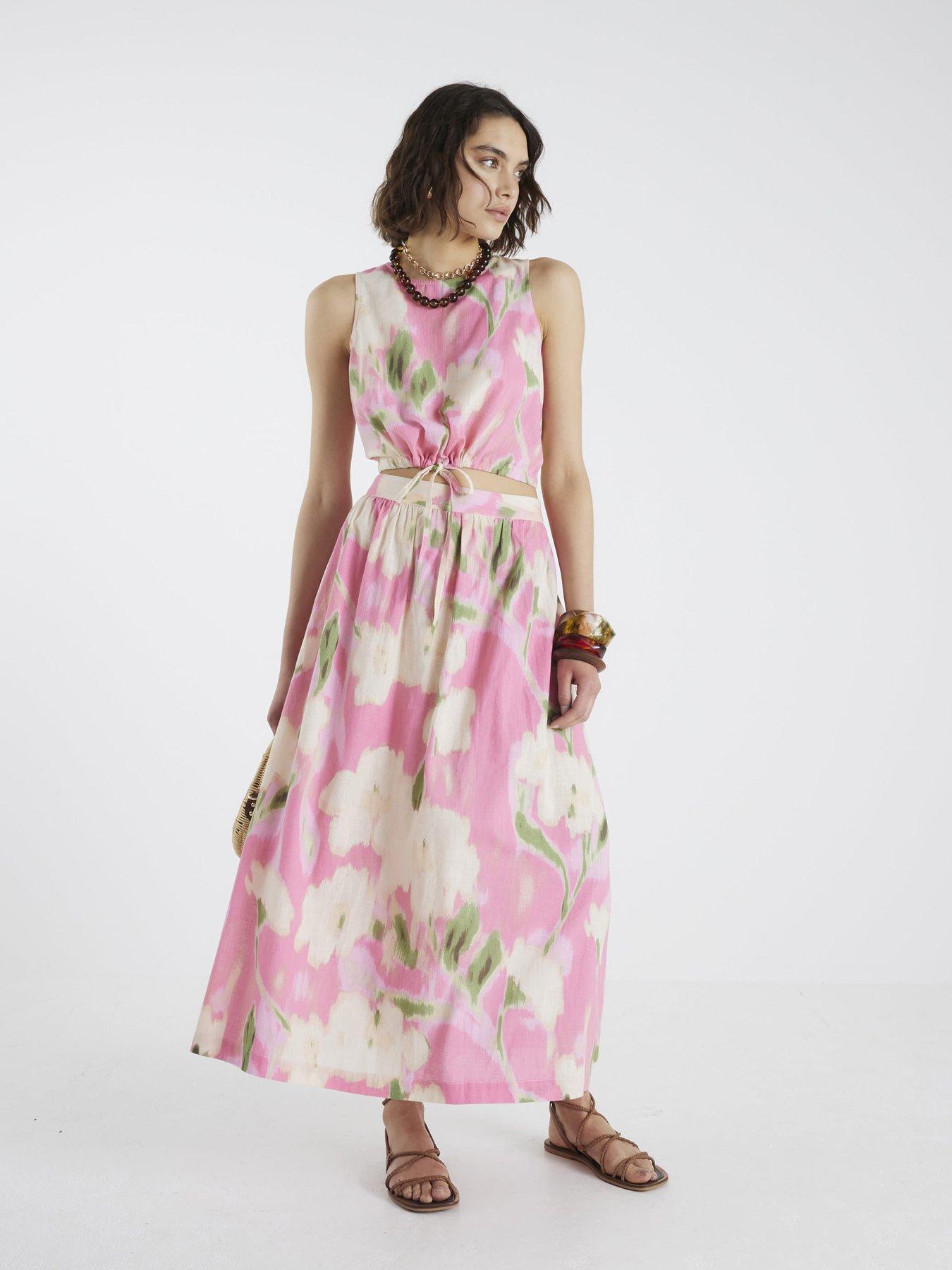 undefined Linen Blend Floral Print Midi Skirt