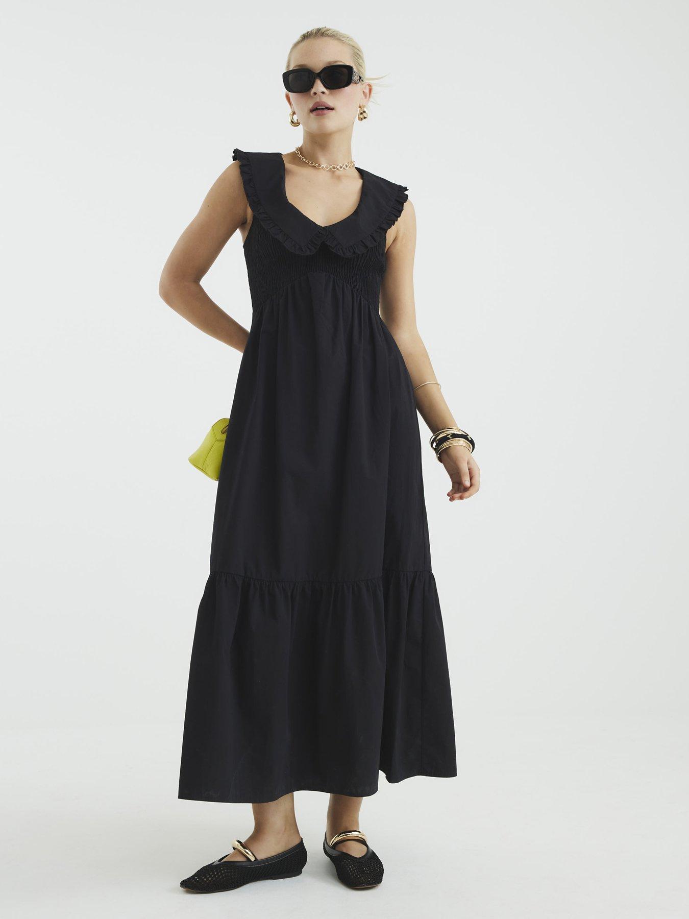 undefined Ruffle Collar Shirred Maxi Dress