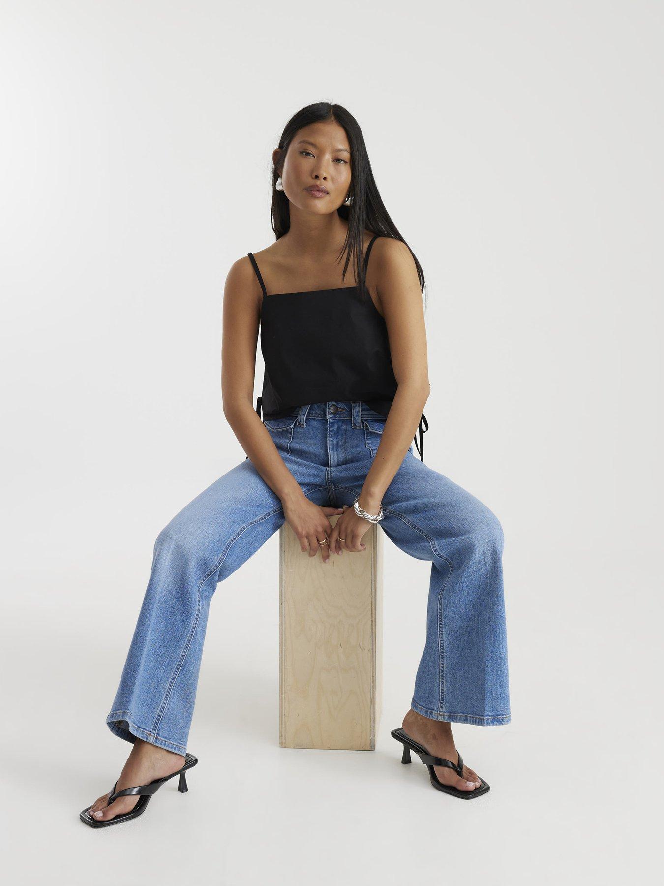 Image 3 of 4 of River Island Petite Denim High Waisted Relaxed Flare Jeans