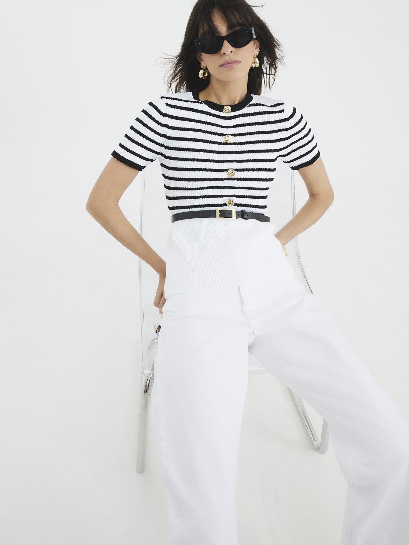 undefined Striped Knit Short Sleeve Belted Top