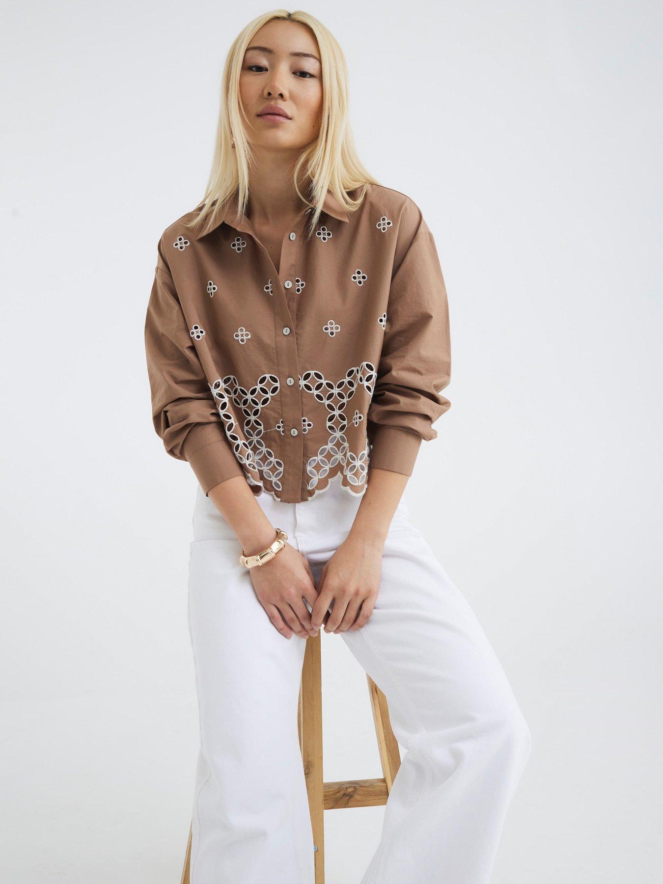 undefined Long Sleeve Cropped Broderie Shirt