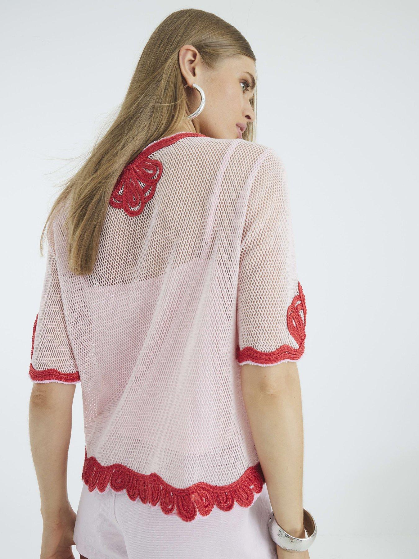 Image 2 of 4 of River Island Mesh Short Sleeve Embroidered Top