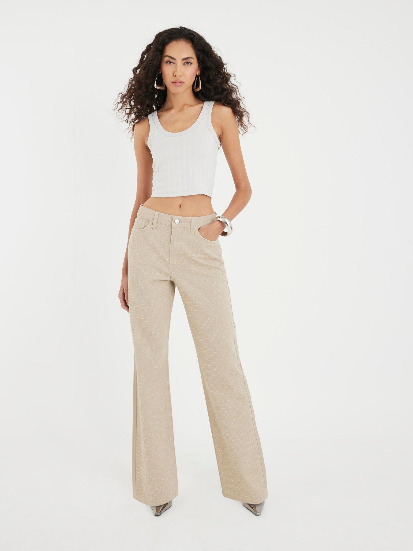 undefined Beige High Rise Diamante Loose Wide Leg Jeans