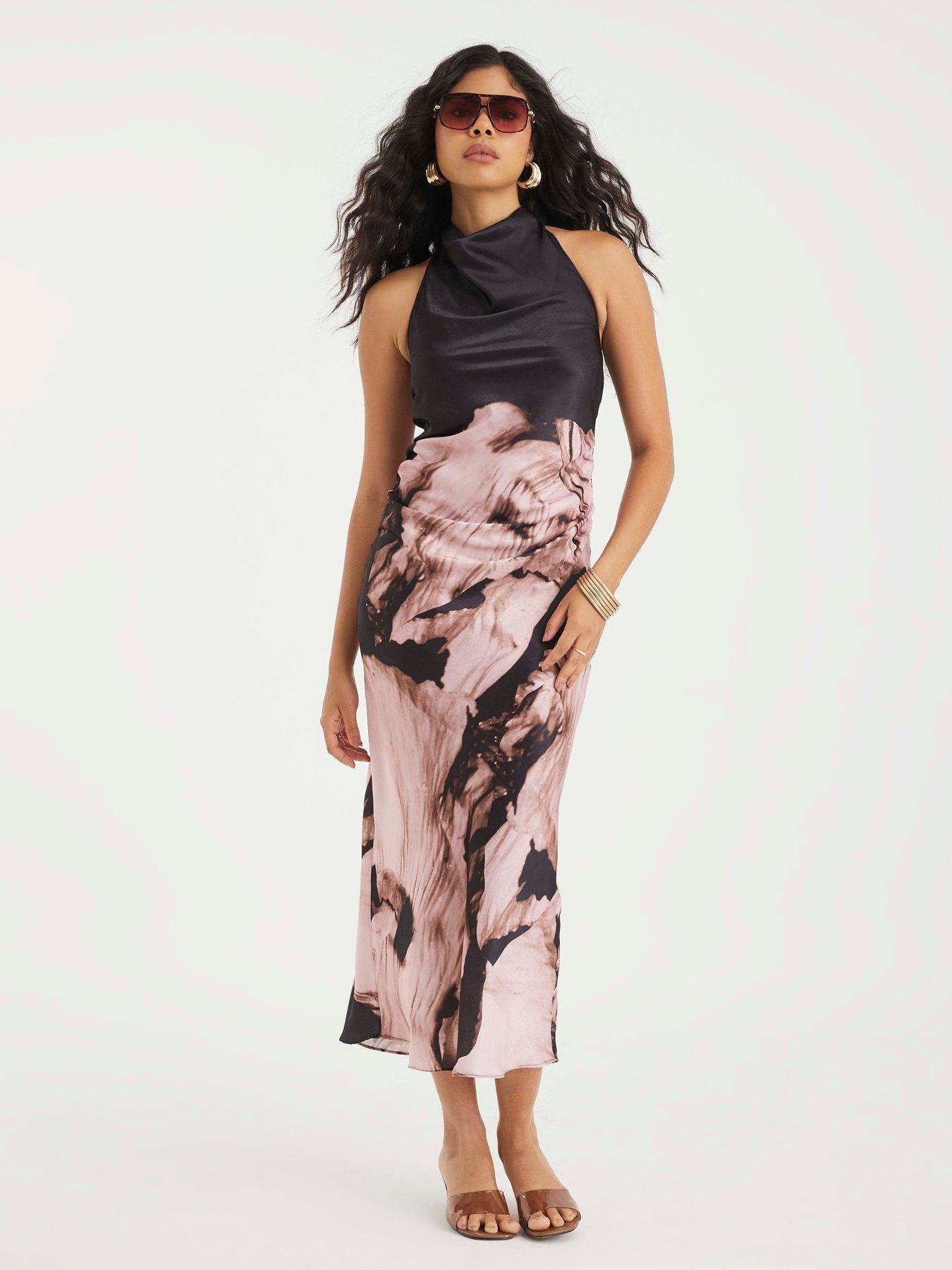 undefined Pink Satin Printed Cowl Neck Slip Dress