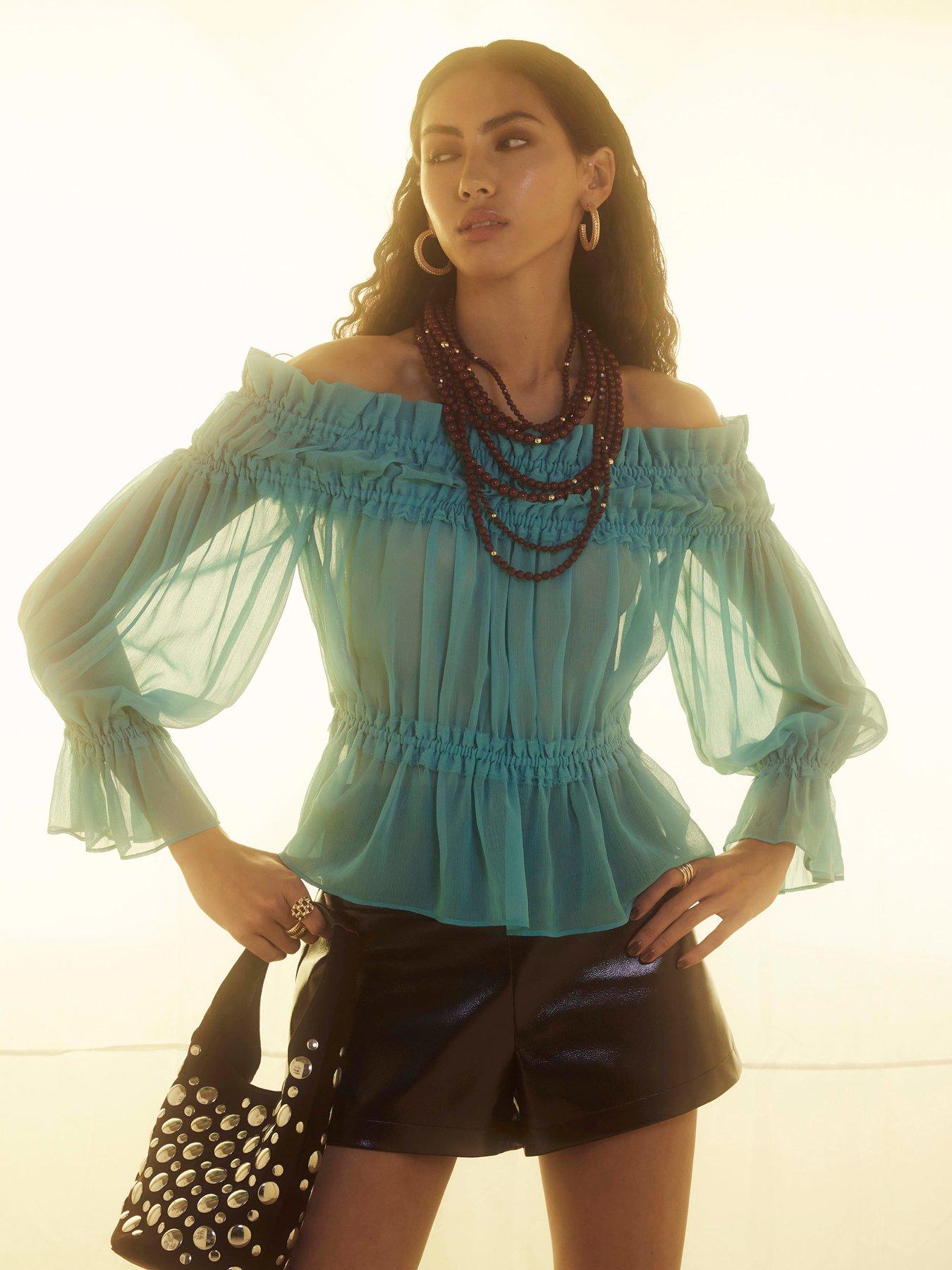 undefined Long Sleeve Raw Edge Bardot Top