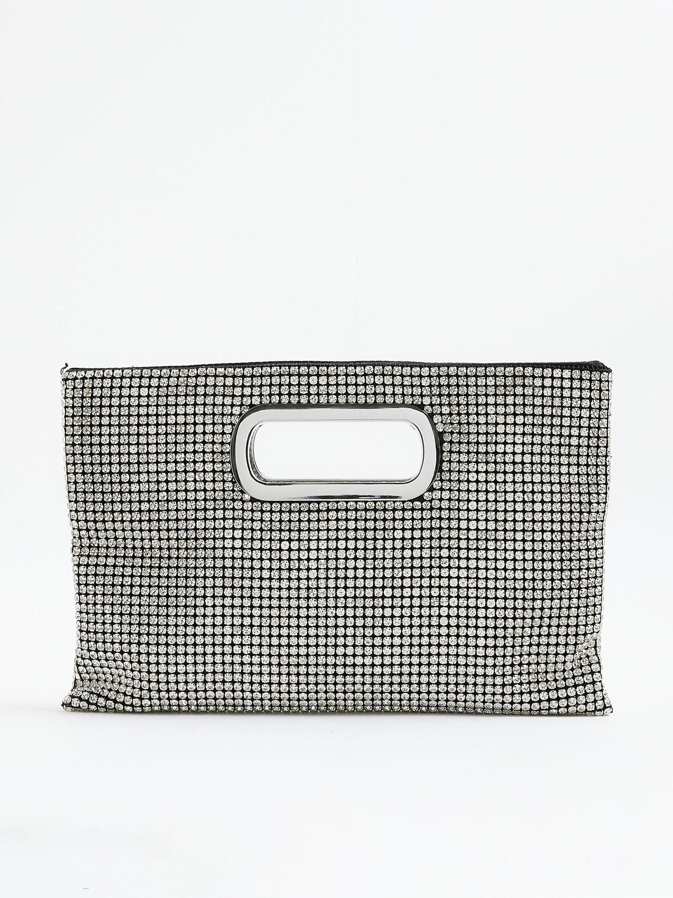 River Island Metal Handle Diamante Clutch Bag - Silver