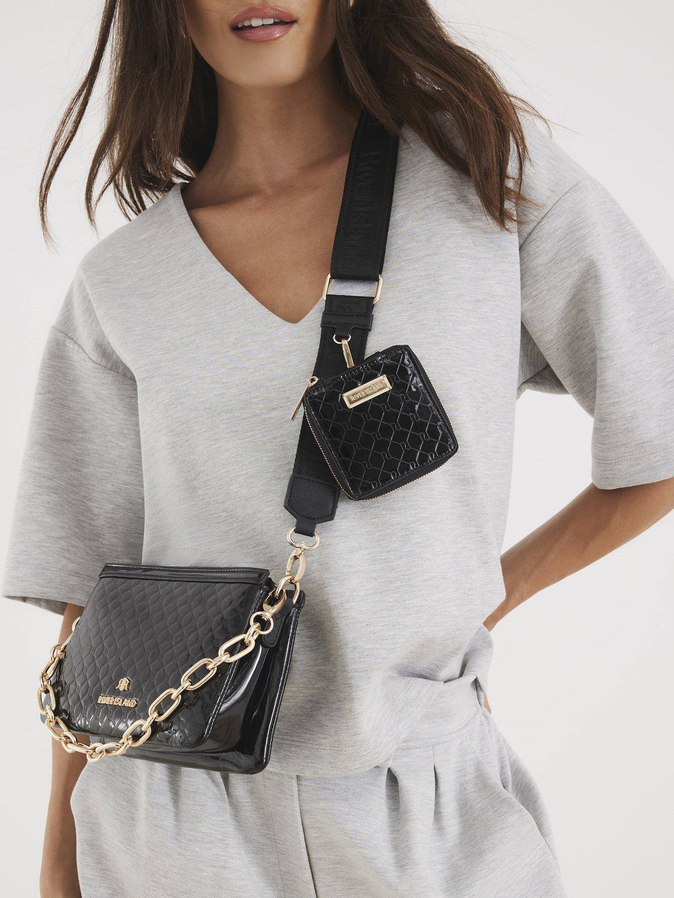 Image 2 of 5 of River Island Small Monogram Chain Cross Body Bag - Black
