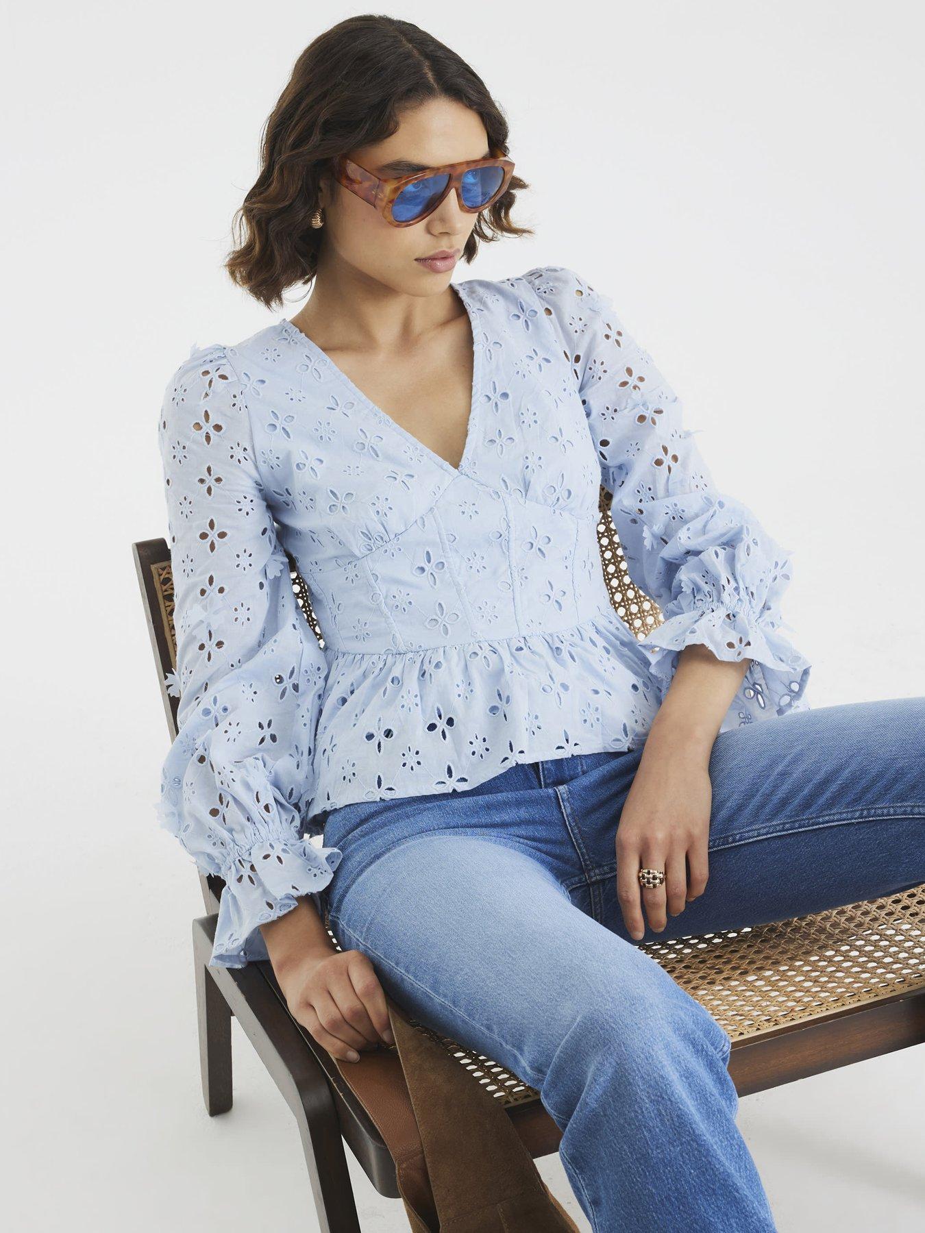 undefined Long Sleeve Broderie Peplum Blouse - Blue