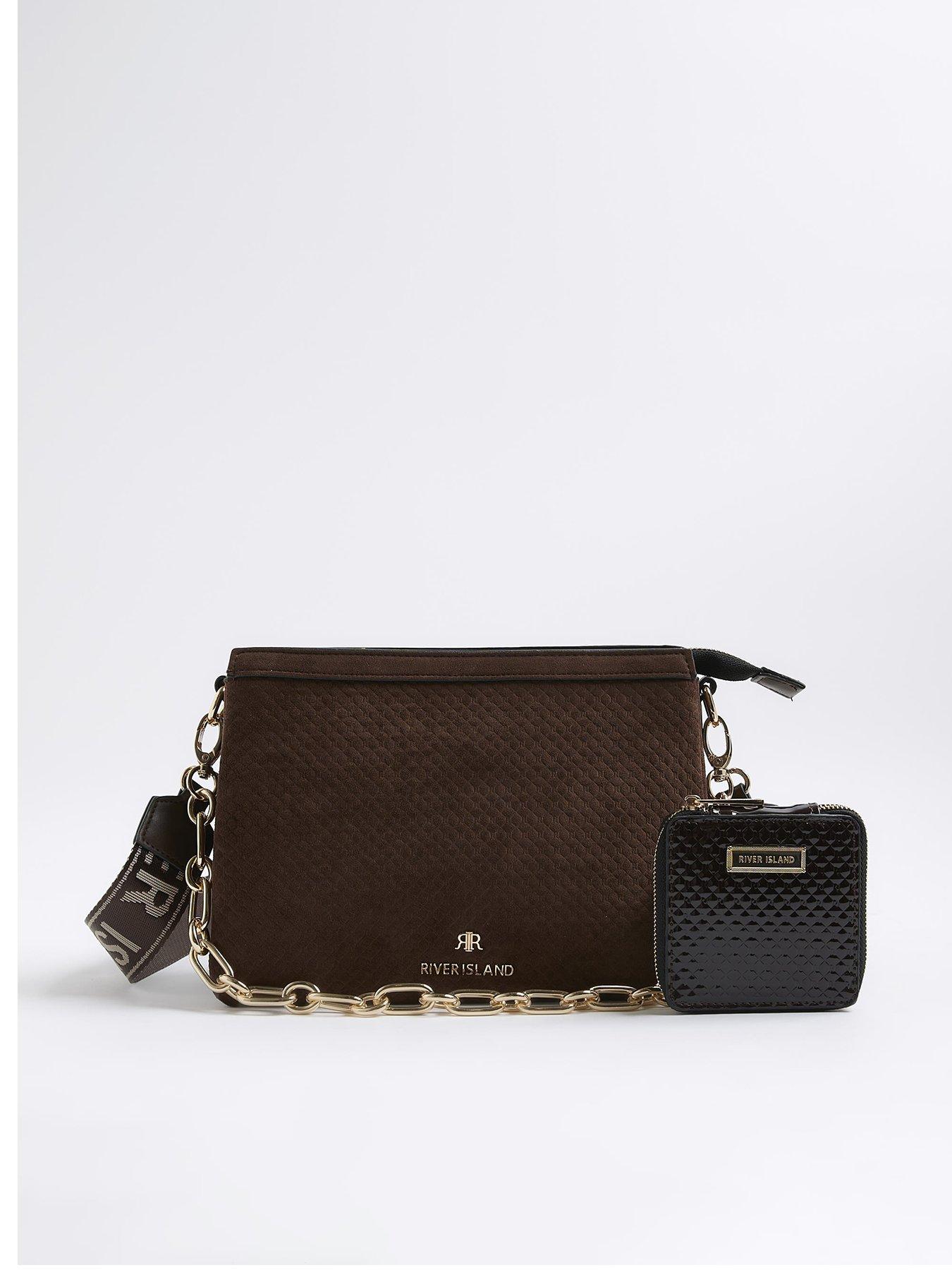 undefined Faux Suede Monogram Cross Body Bag - Brown