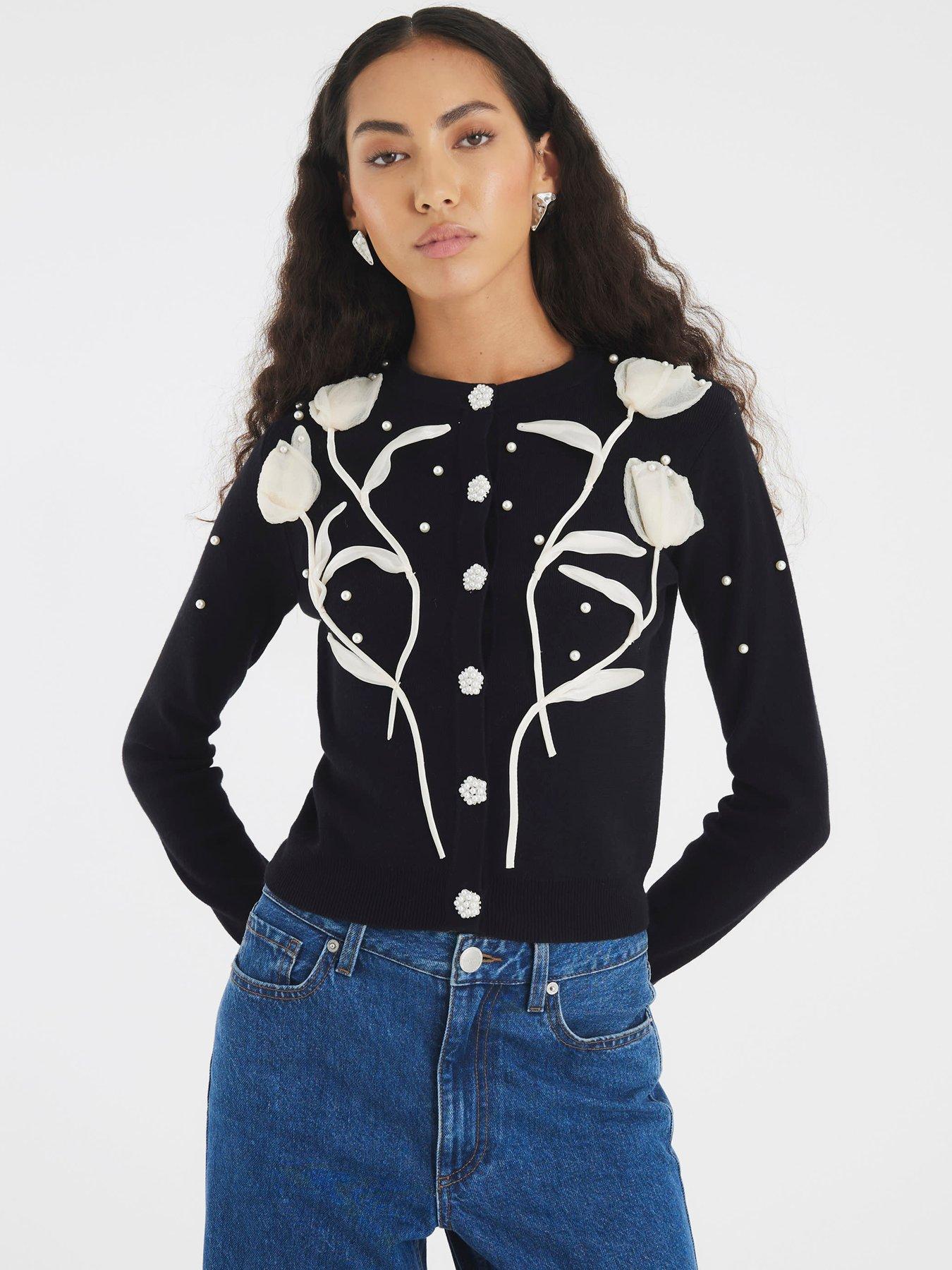 undefined Knitted Flower Cardigan - Black