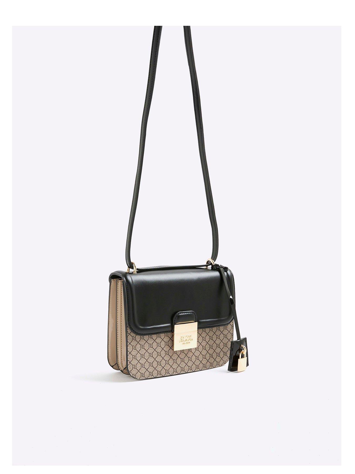 River Island Monogram Print Lock Front Satchel Bag - Black