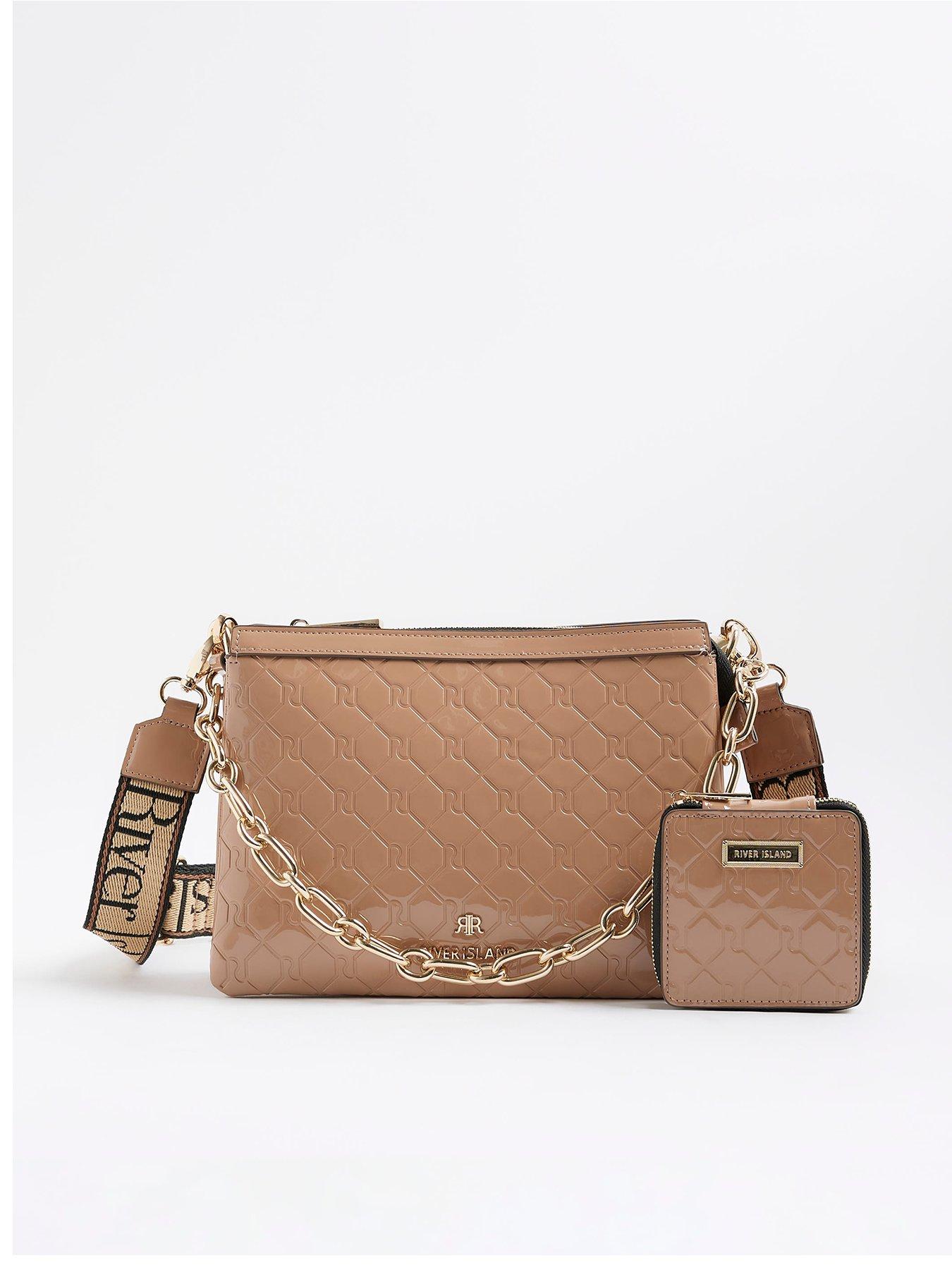 River Island Patent Chain Cross Body Bag - Beige