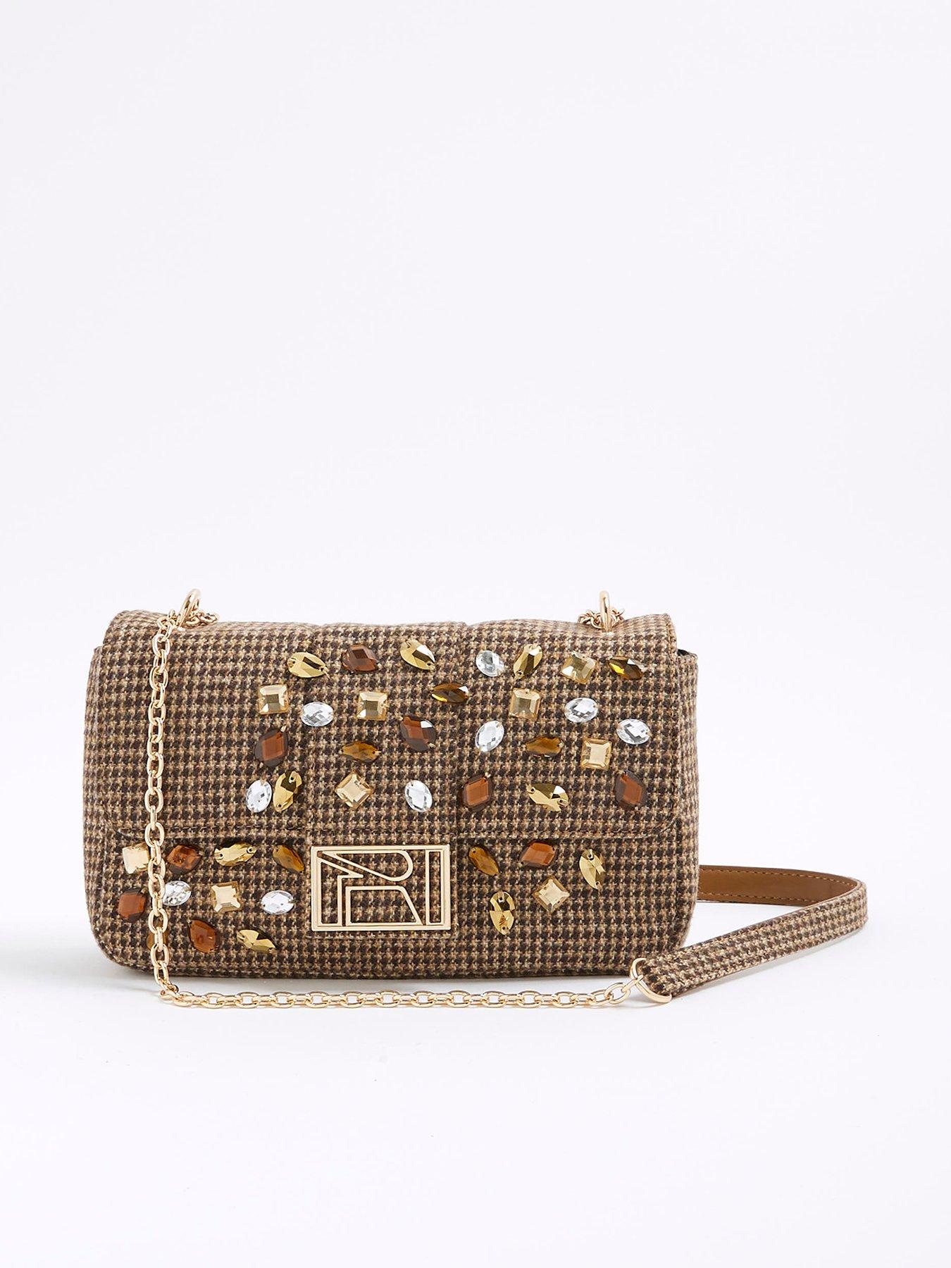 River Island Dogtooth Embellished Shoulder Bag - Brown