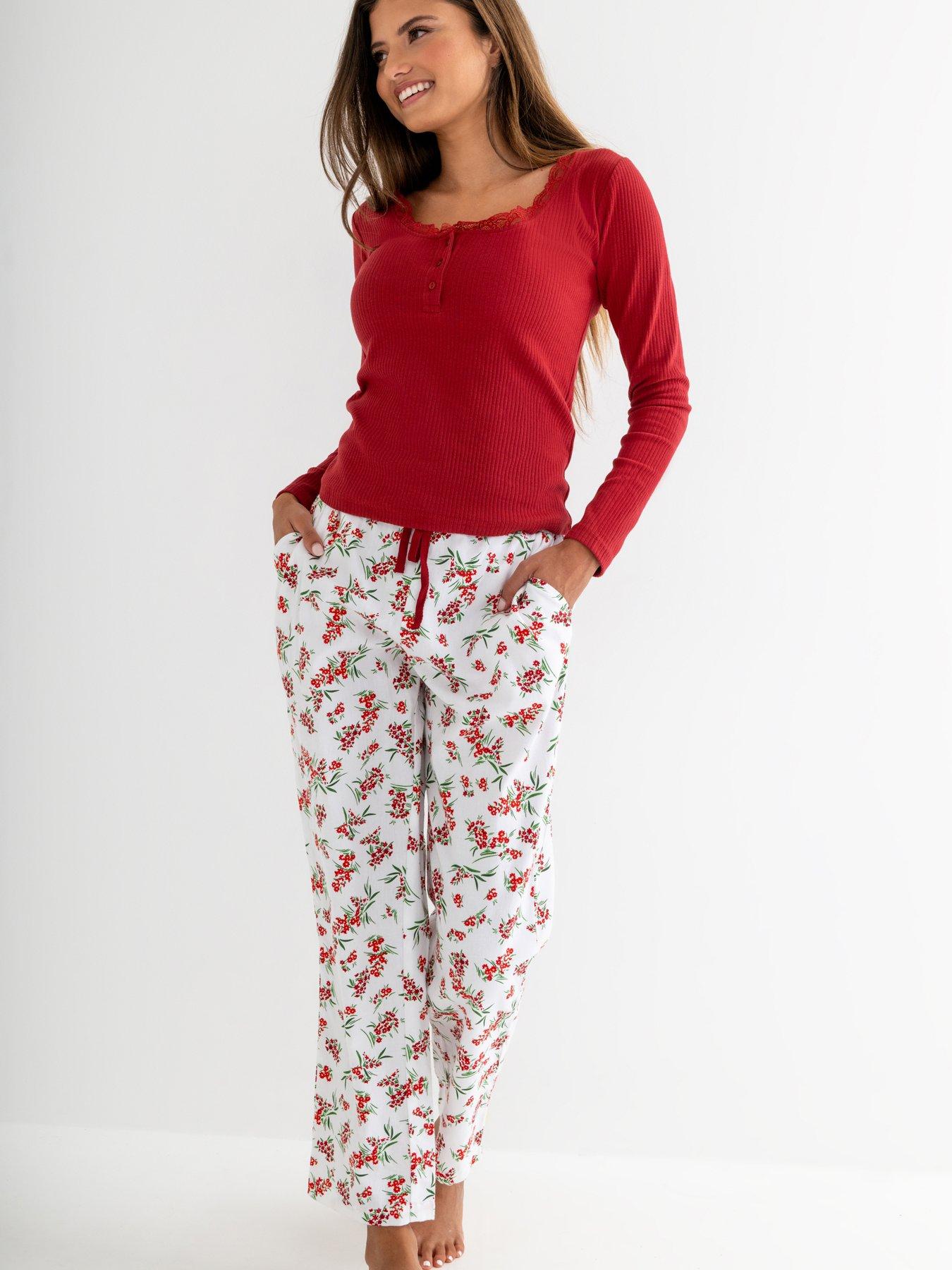 Pour Moi Rib Jersey Lace Trim Henley Top and Brushed Cotton Pyjama Set