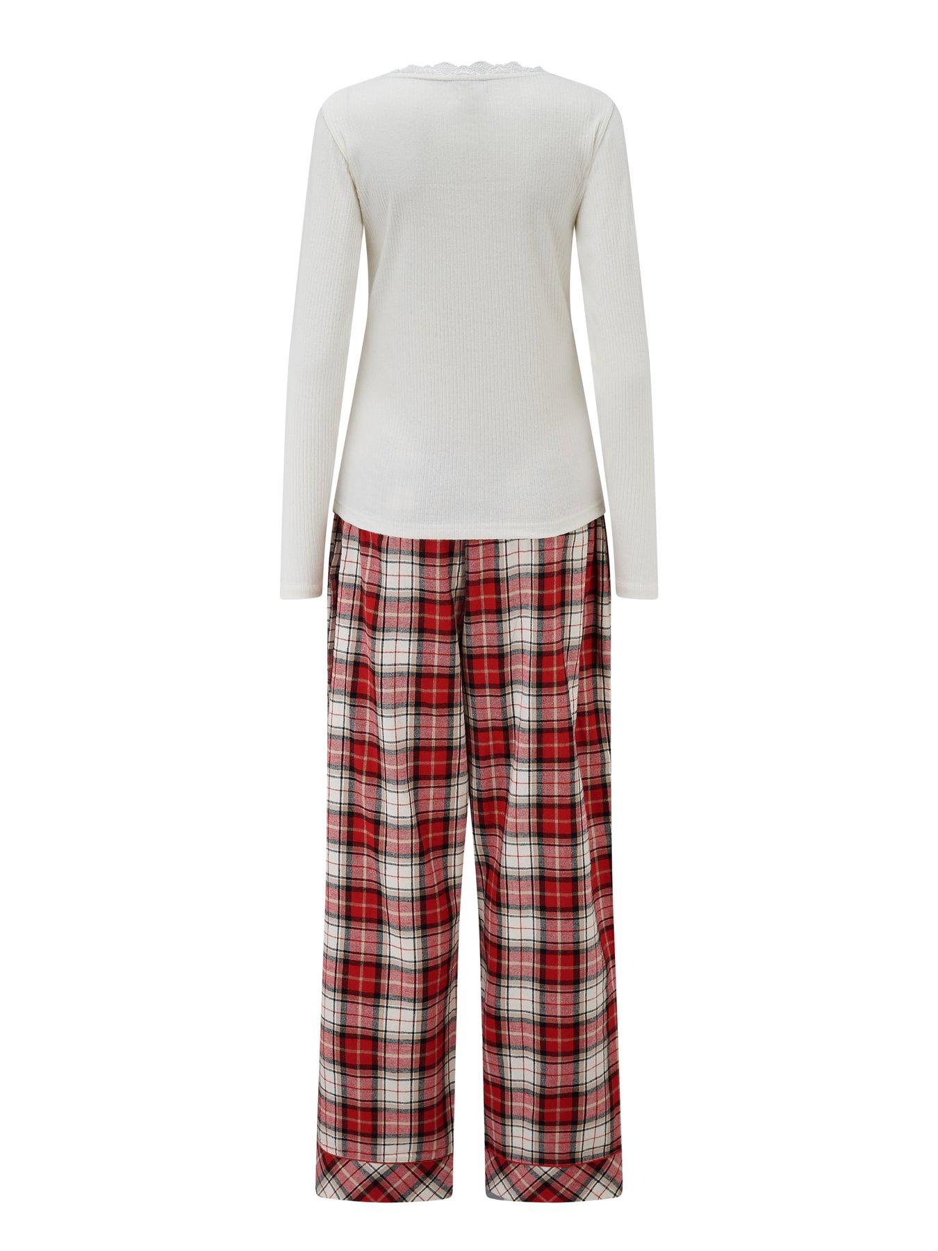 Image 4 of 4 of Pour Moi Rib Jersey Lace Trim Henley Top and Check Trouser Pyjama Set