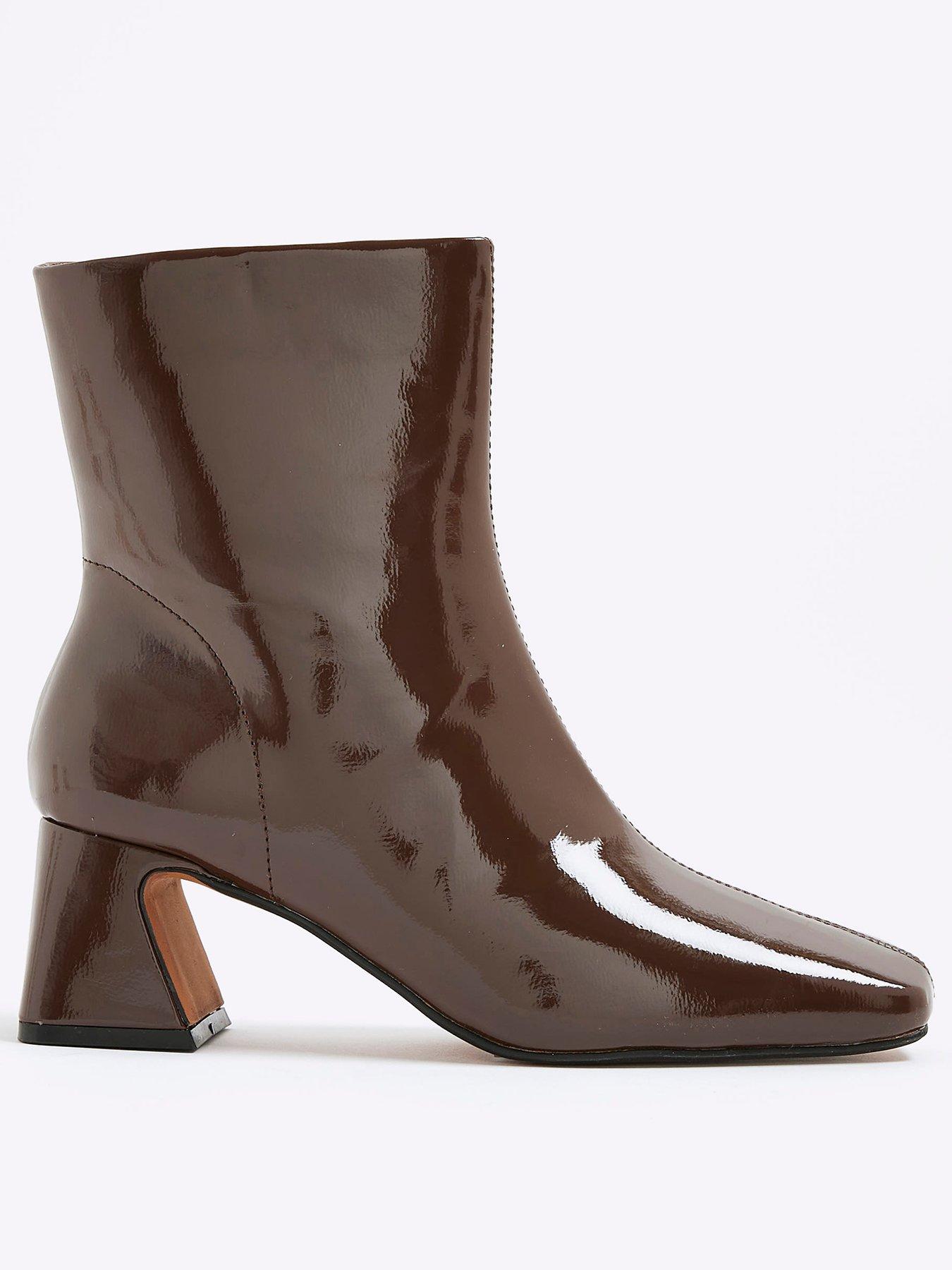 River Island Patent Block Heel Ankle Boots - Brown