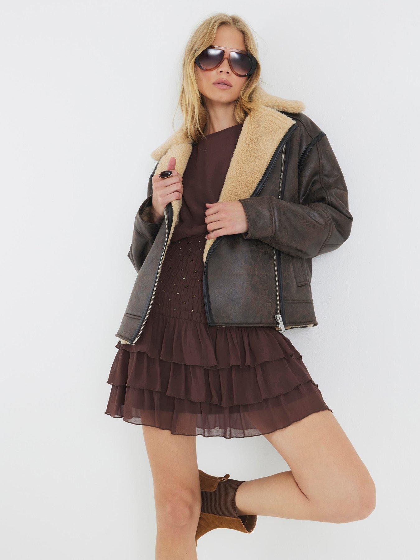 River Island Borg Lined Aviator Jacket - Brown