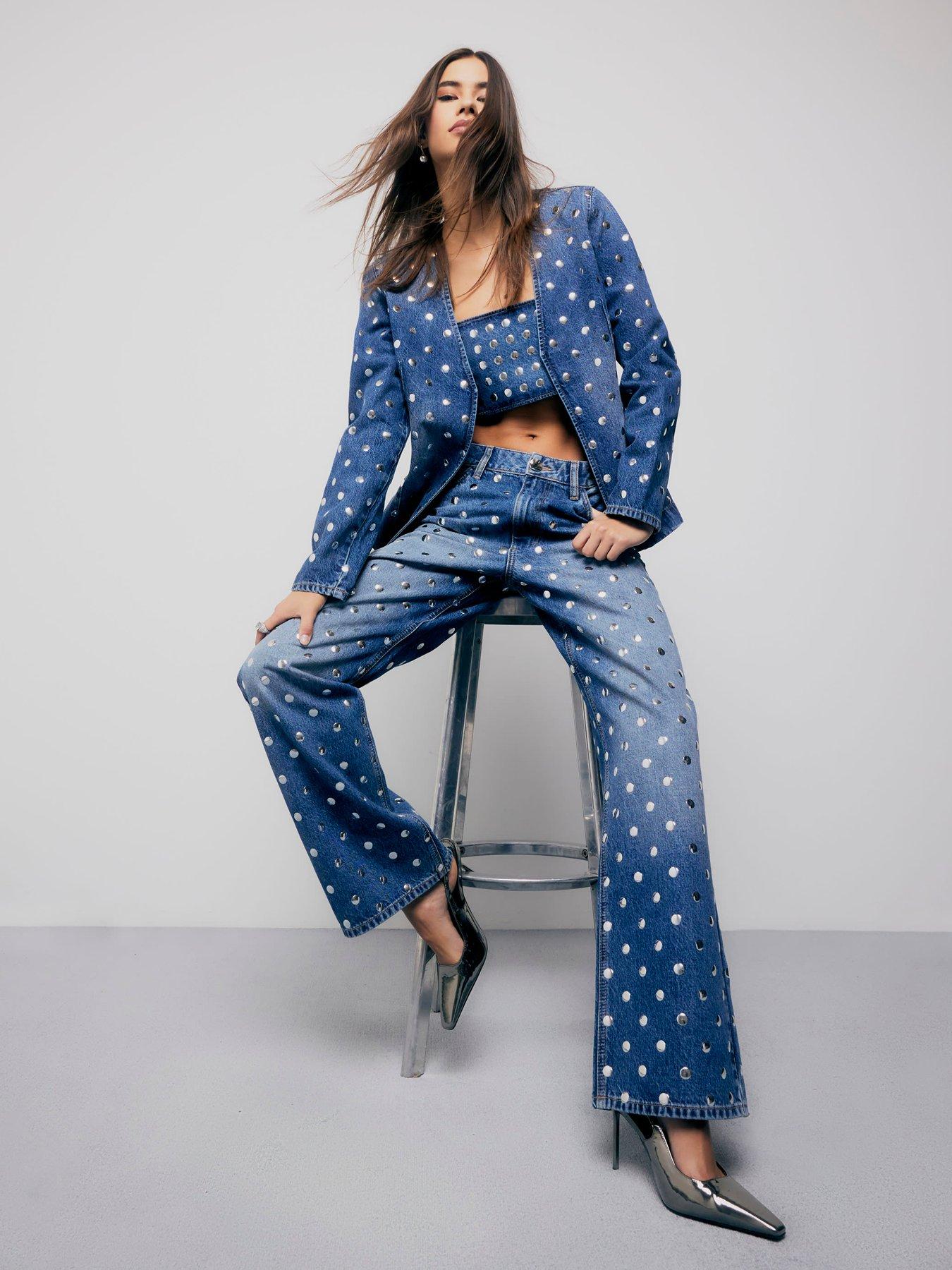 River Island Relaxed Straight Leg Studded Jeans - Blue