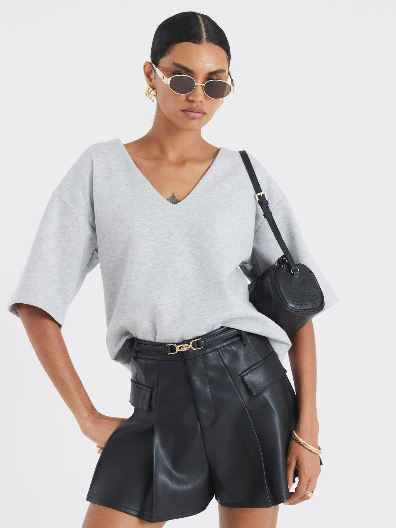 River Island Belted Faux Leather Pleated Shorts - Black