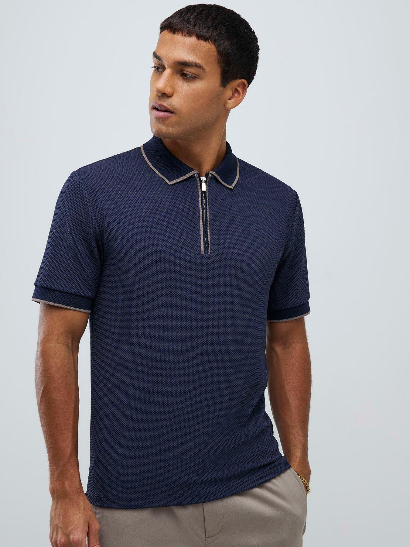River Island Slim Fit Textured Zip Neck Polo Shirt - Blue