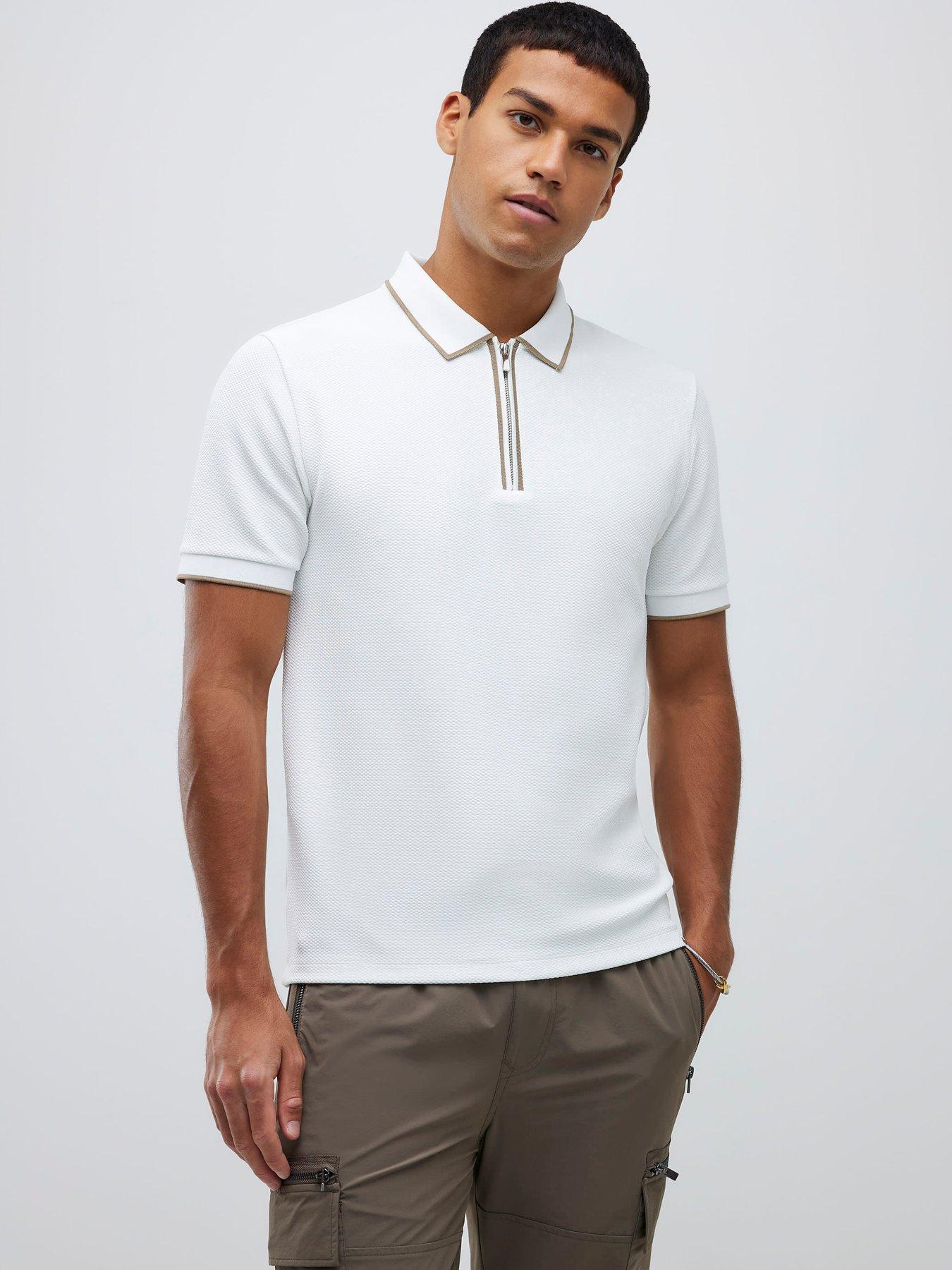 River Island Slim Fit Textured Zip Neck Polo Shirt - White