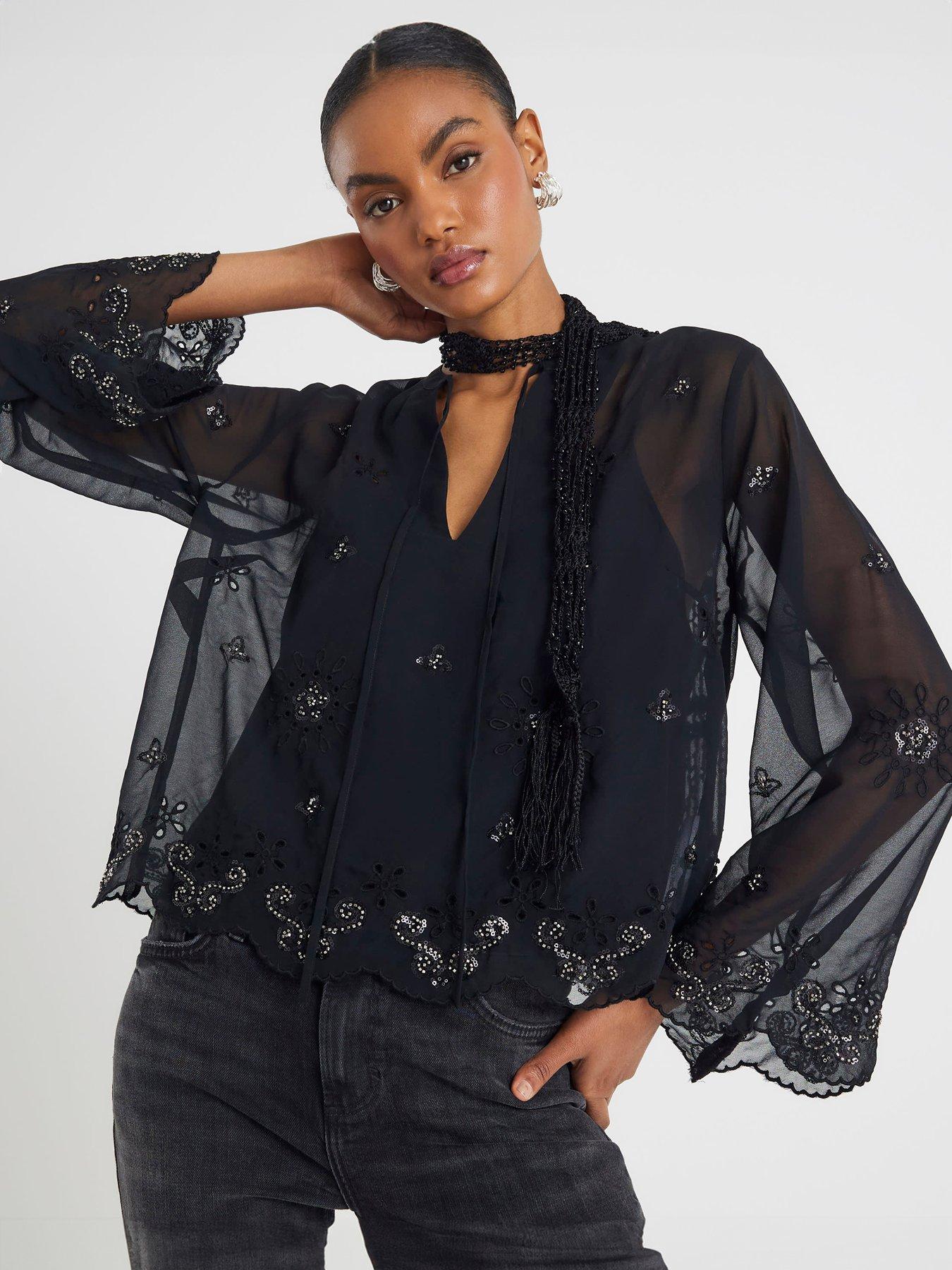 River Island Long Sleeve Chiffon Cutwork Blouse - Black