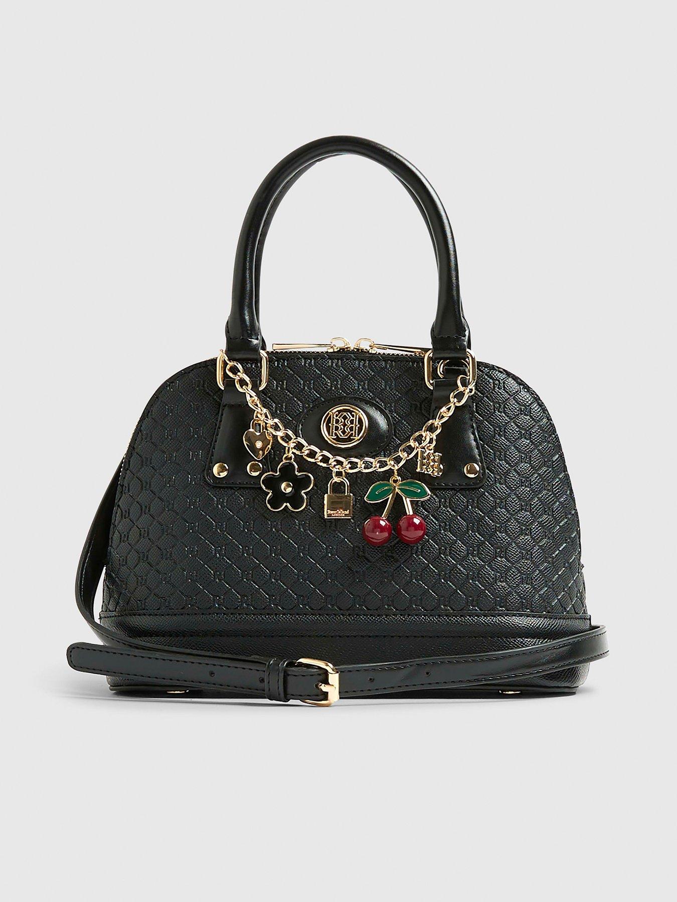 Image 1 of 4 of River Island Embossed Monogram Print Charm Tote Bag - Black