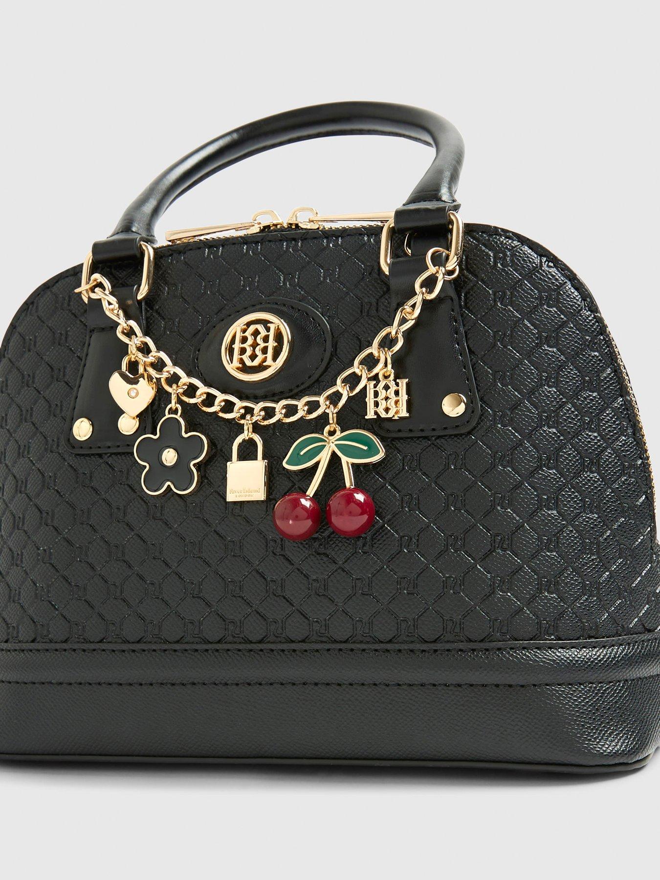 Image 4 of 4 of River Island Embossed Monogram Print Charm Tote Bag - Black