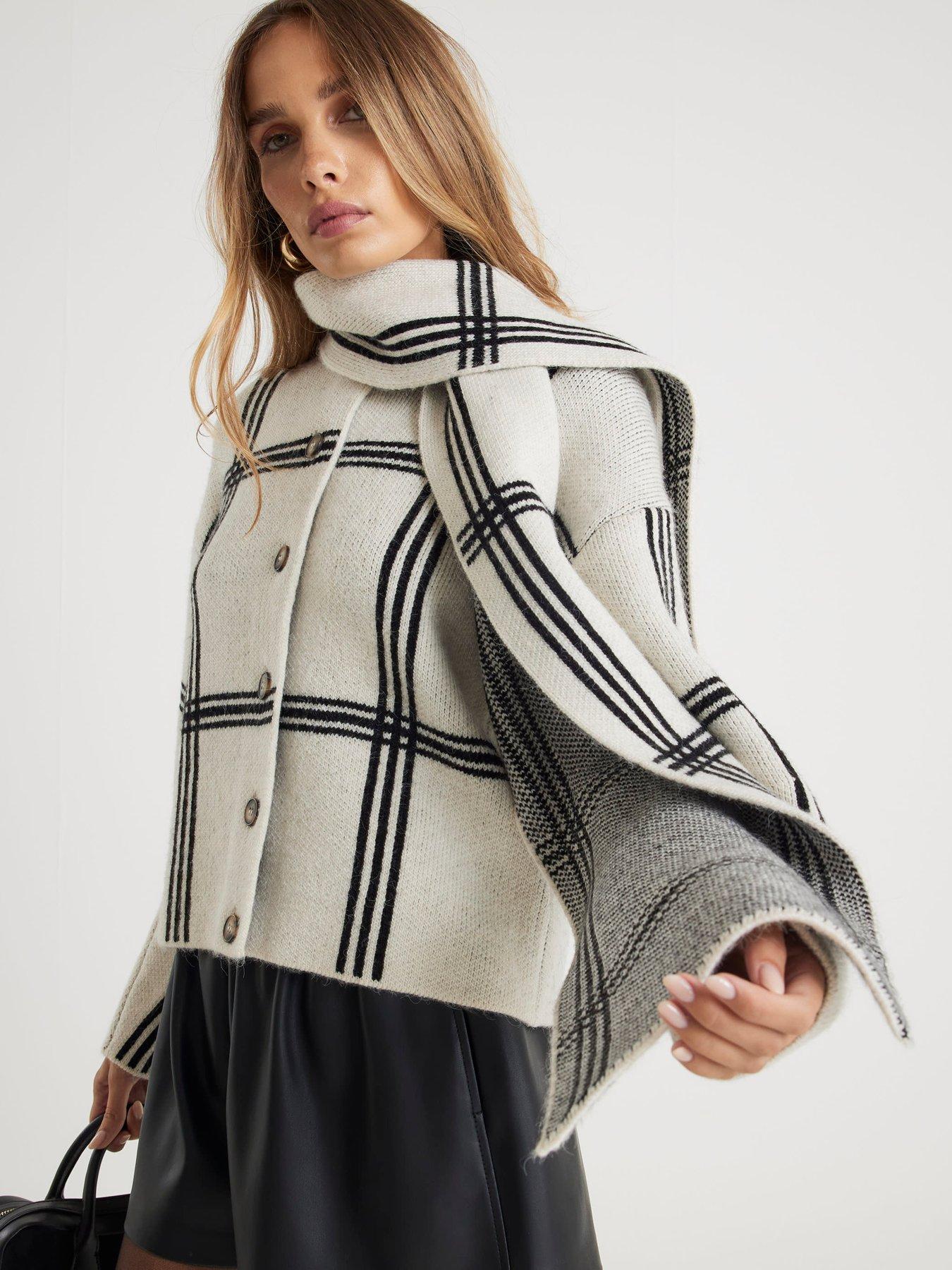 River Island Knitted Check Print Wrap Scarf Cardigan - Grey