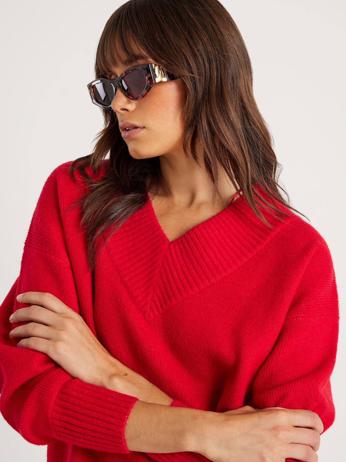 Image 4 of 4 of River Island Knitted V Neck Jumper - Red