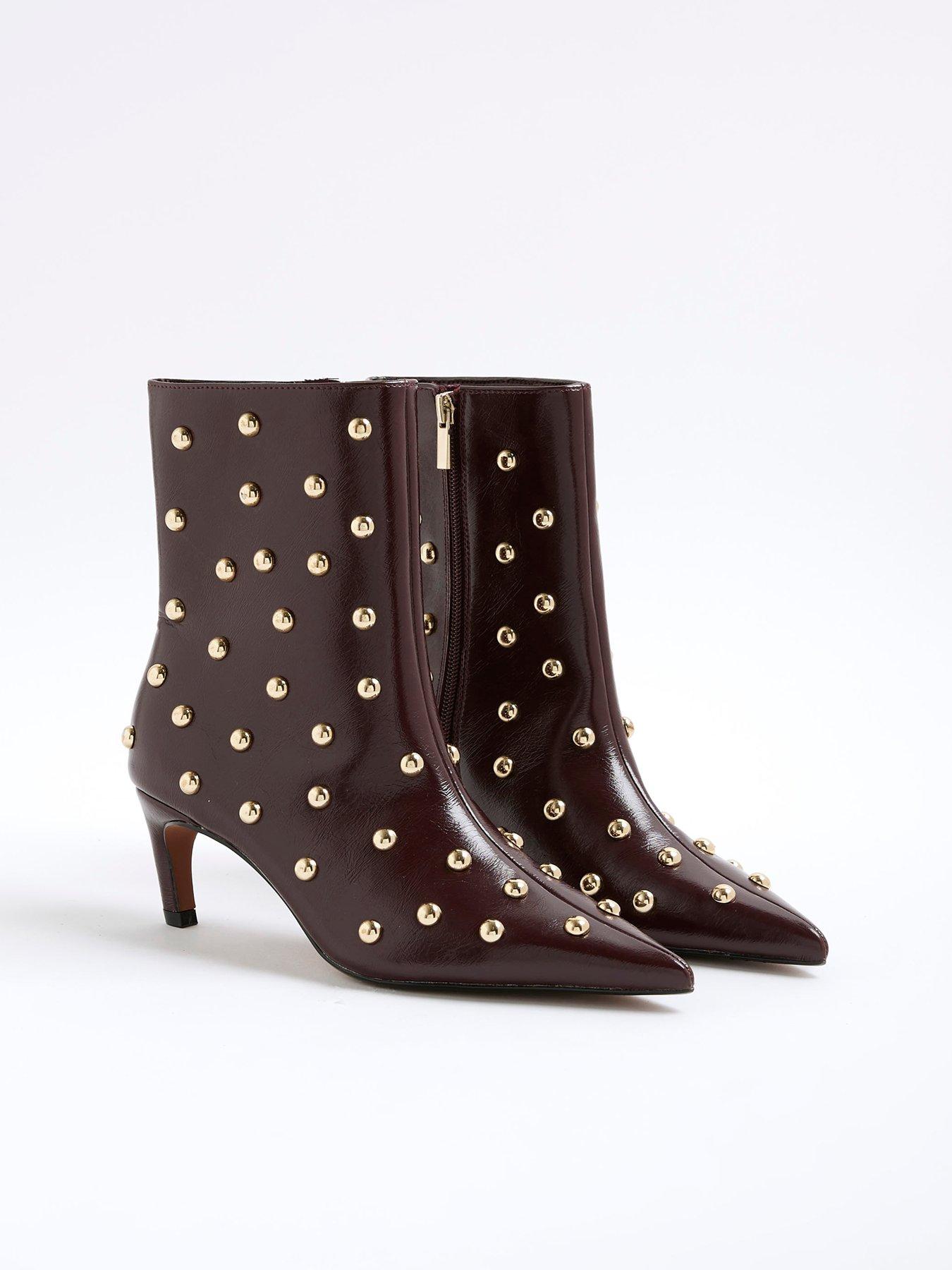 River Island Studded Kitten Heel Boots - Red