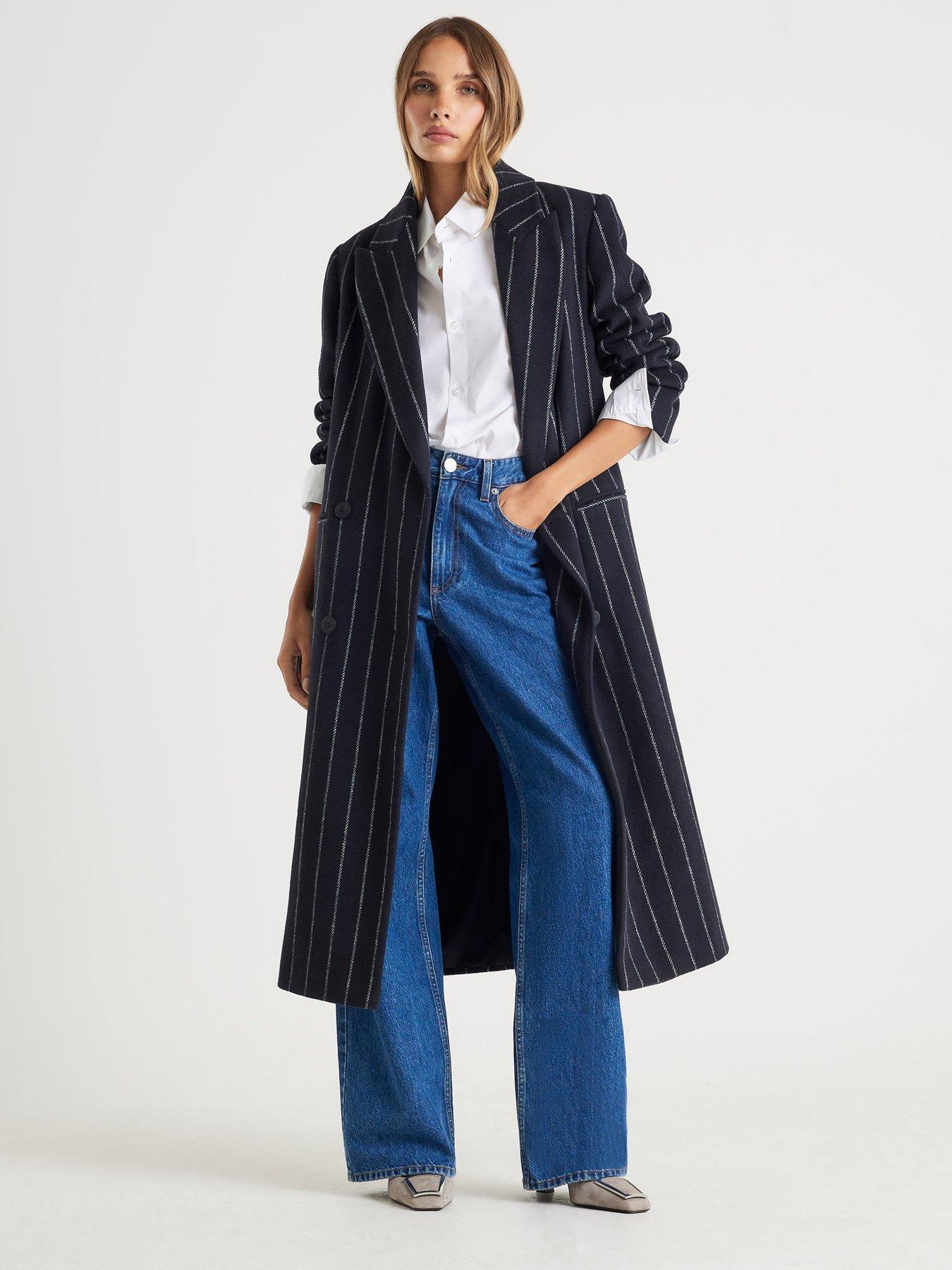 River Island Pinstripe Double Breasted Coat - Blue