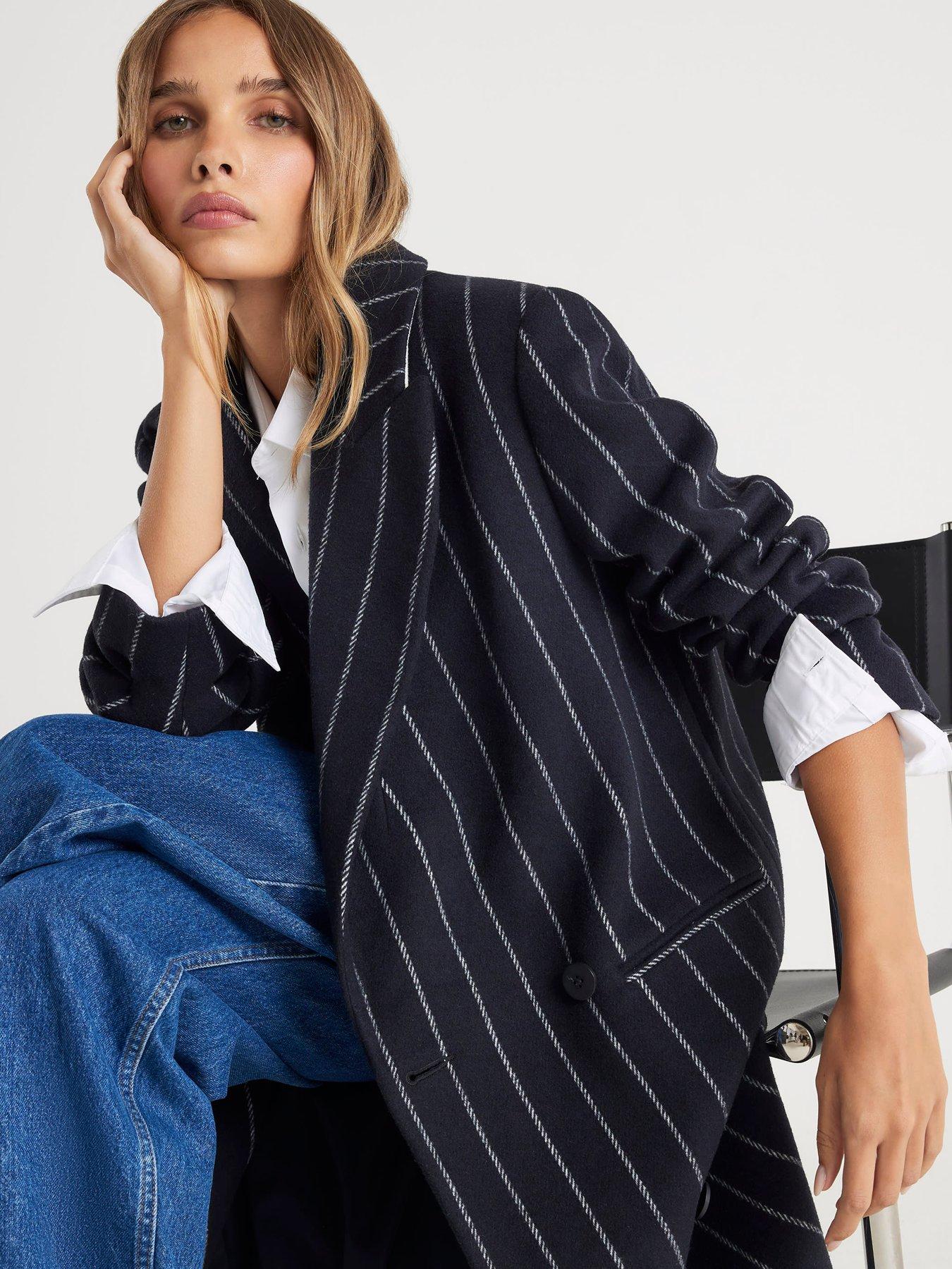 Image 4 of 4 of River Island Pinstripe Double Breasted Coat - Blue