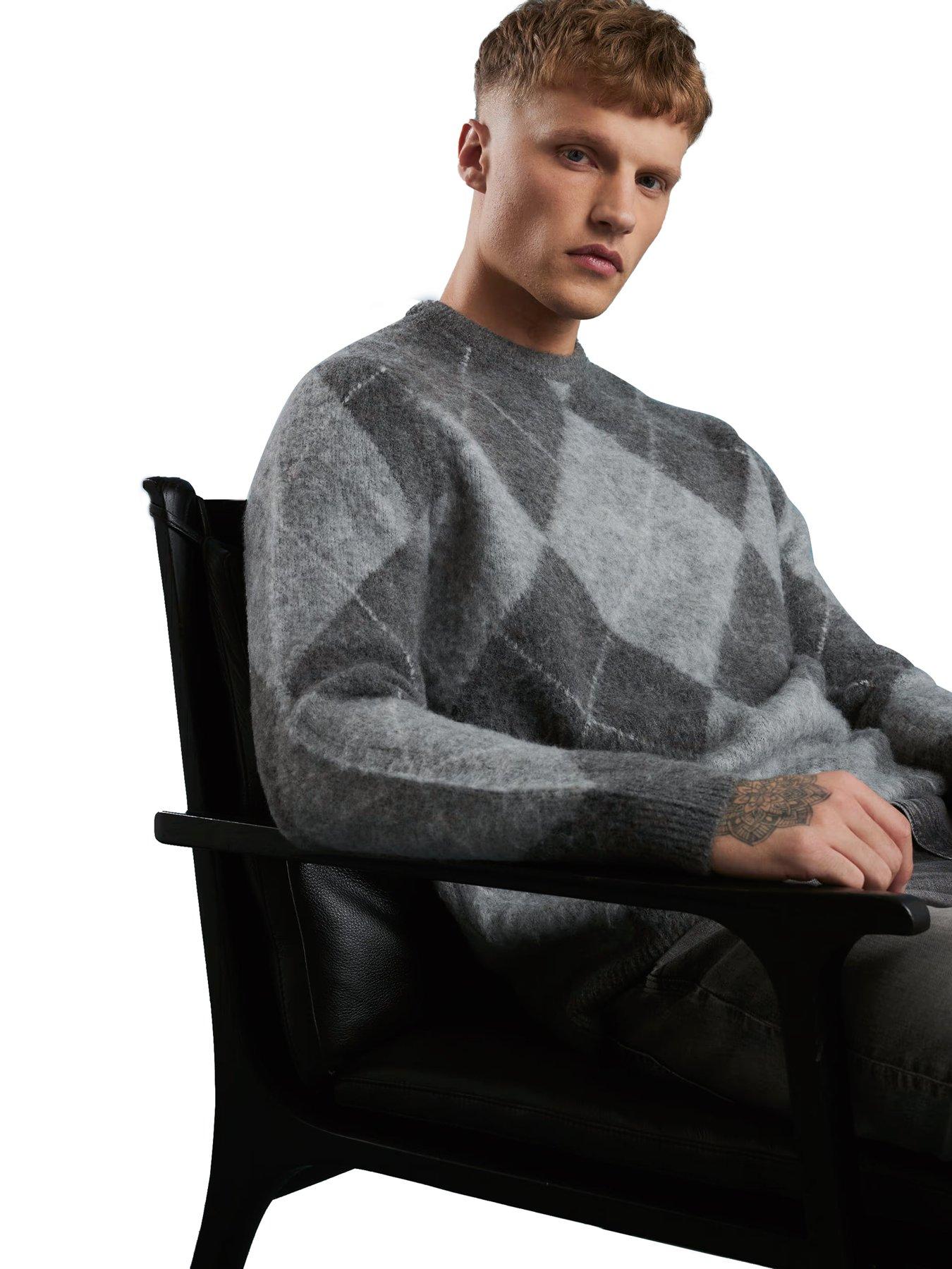 River Island Regular Fit Brushed Argyle Jumper - Grey