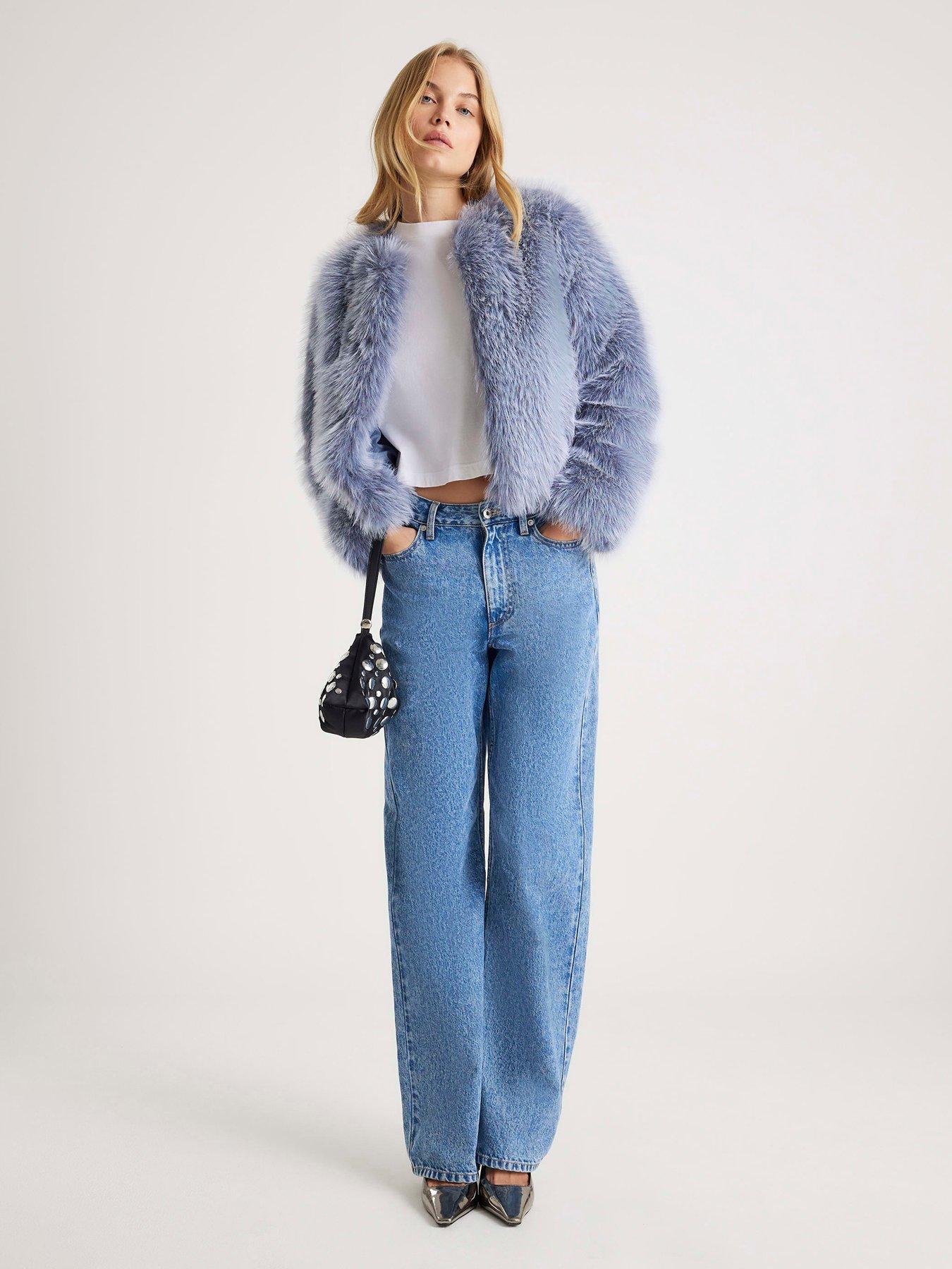 River Island Collarless Faux Fur Coat - Blue