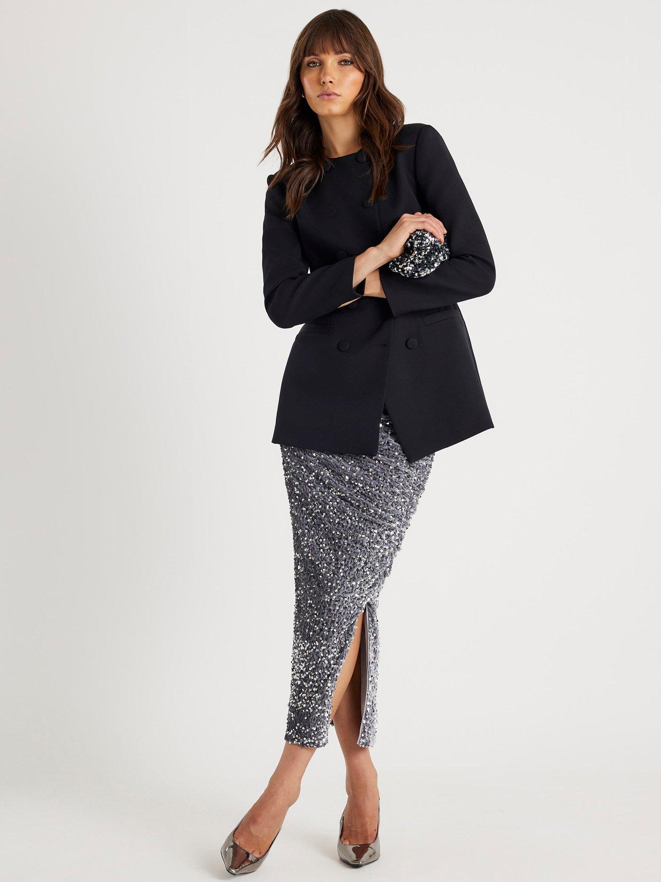 River Island Ruched Side Velvet Sequin Midi Skirt - Silver