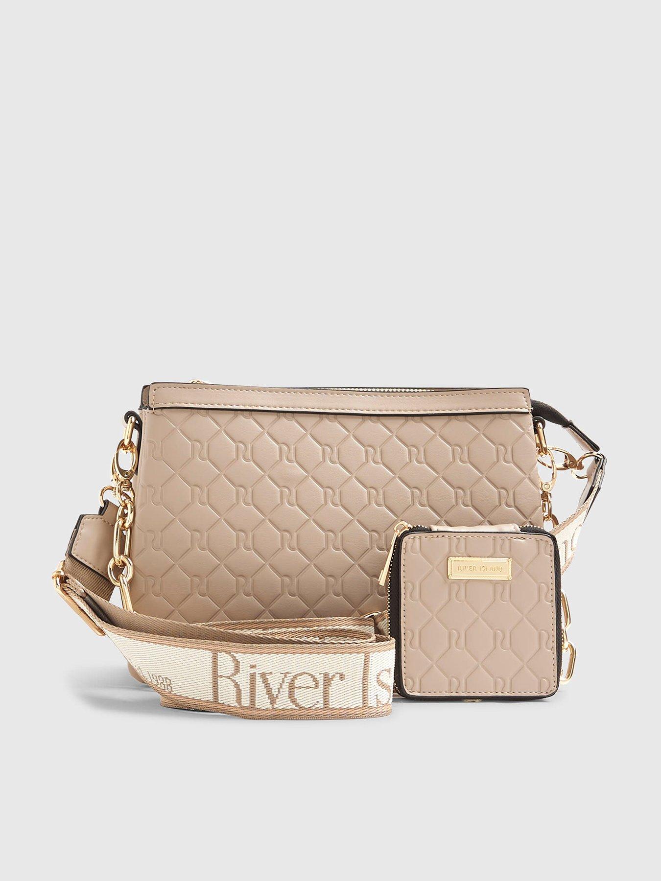 River Island Embossed Monogram Chain Cross Body Bag - Beige