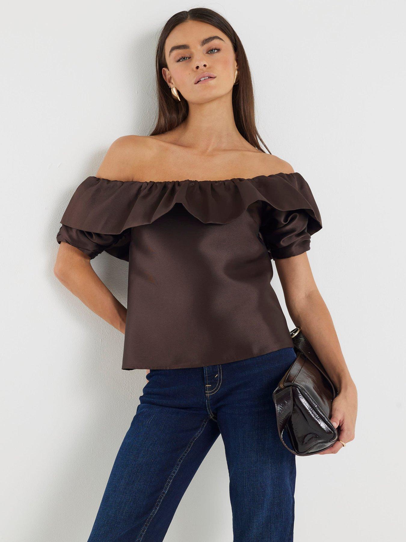 River Island Premium Frill Detail Bardot Top - Brown
