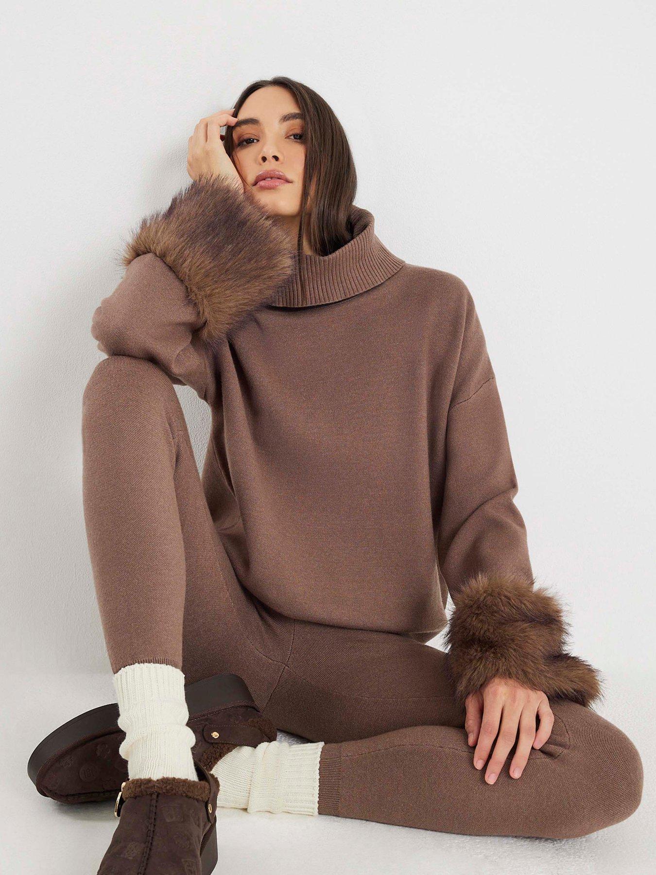 River Island Knitted Faux Fur Cuff Jumper - Brown