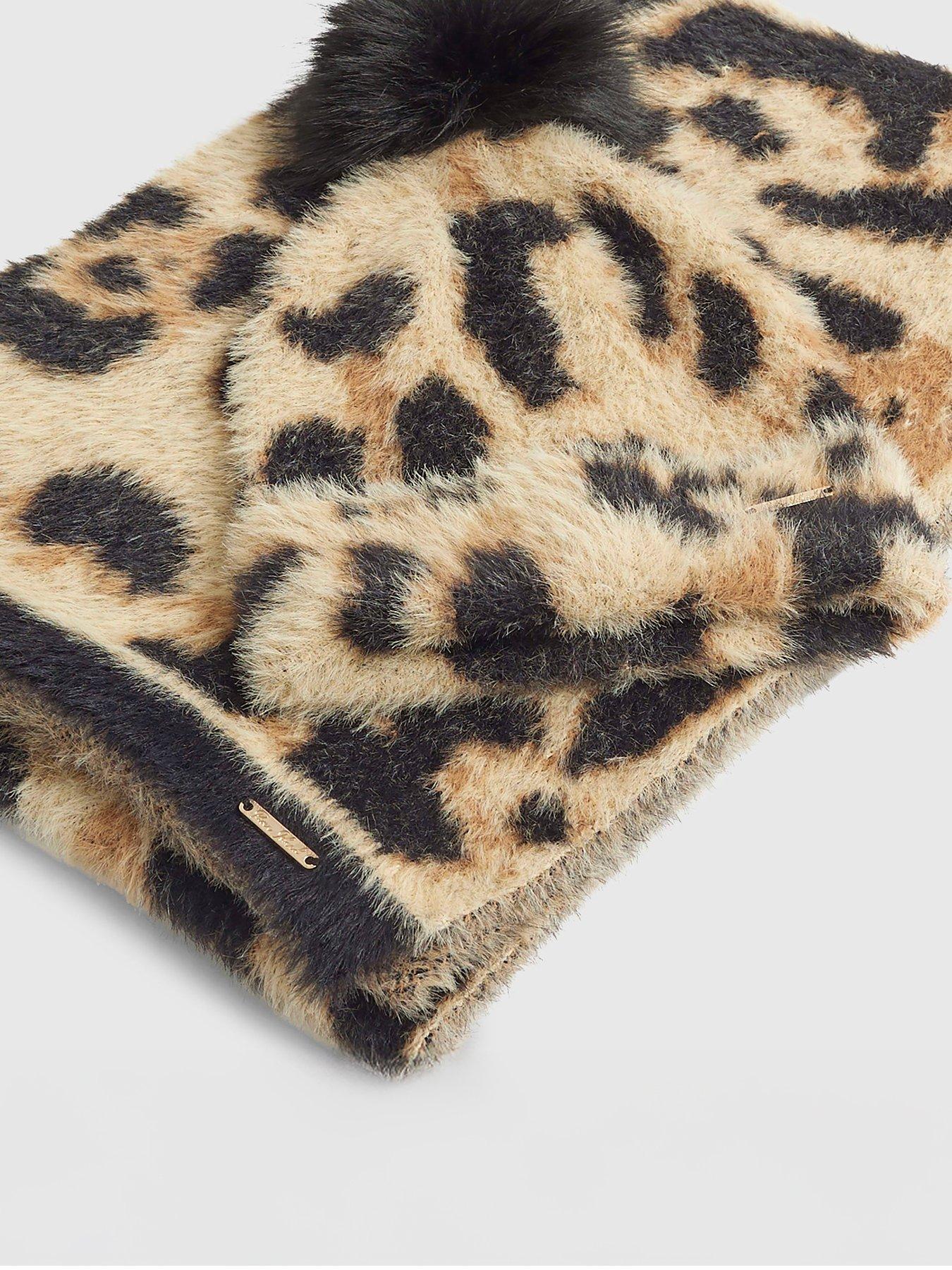 River Island Leopard Print Hat And Scarf Set - Beige