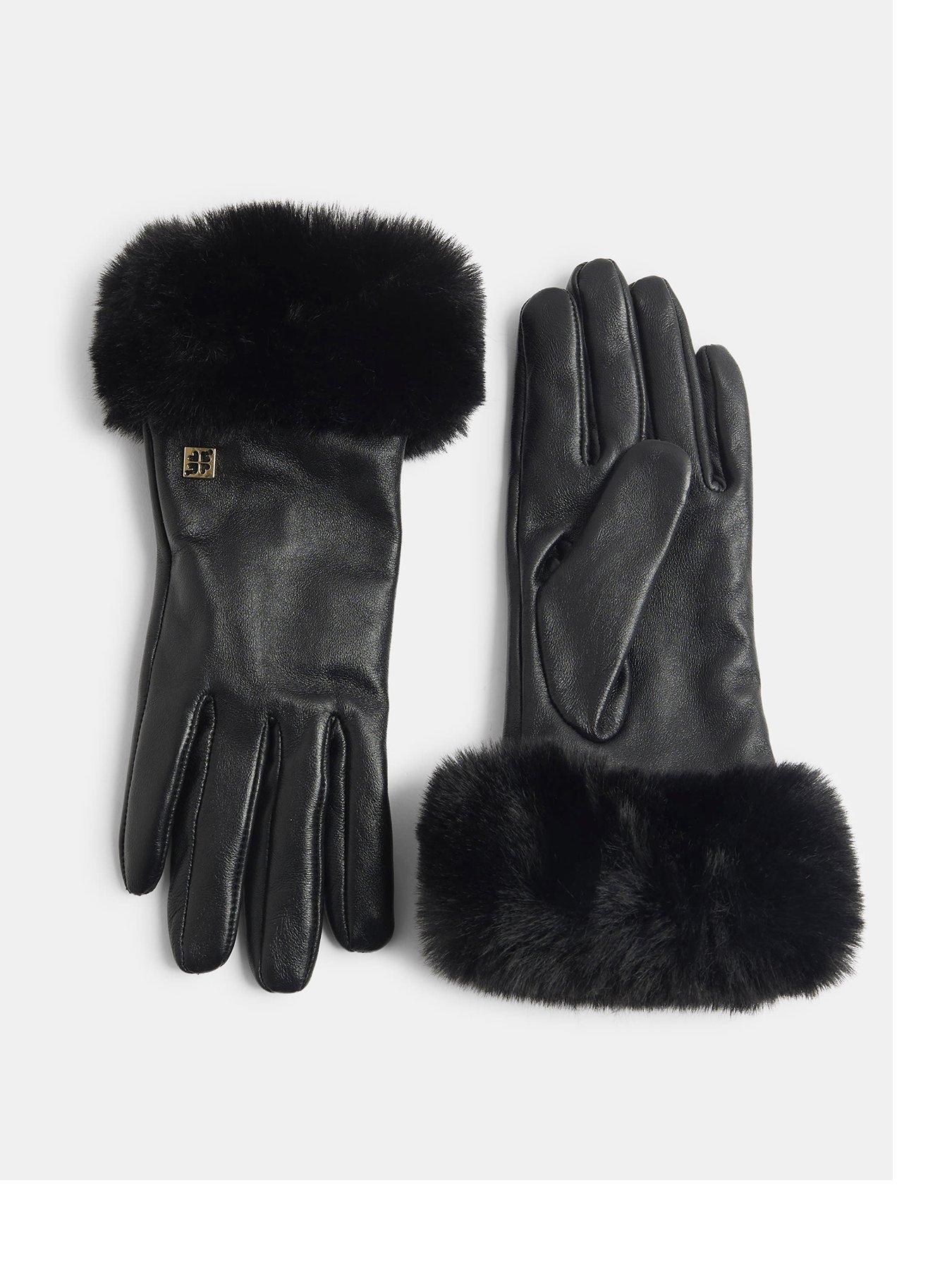 River Island Faux Fur Trim Leather Gloves - Black
