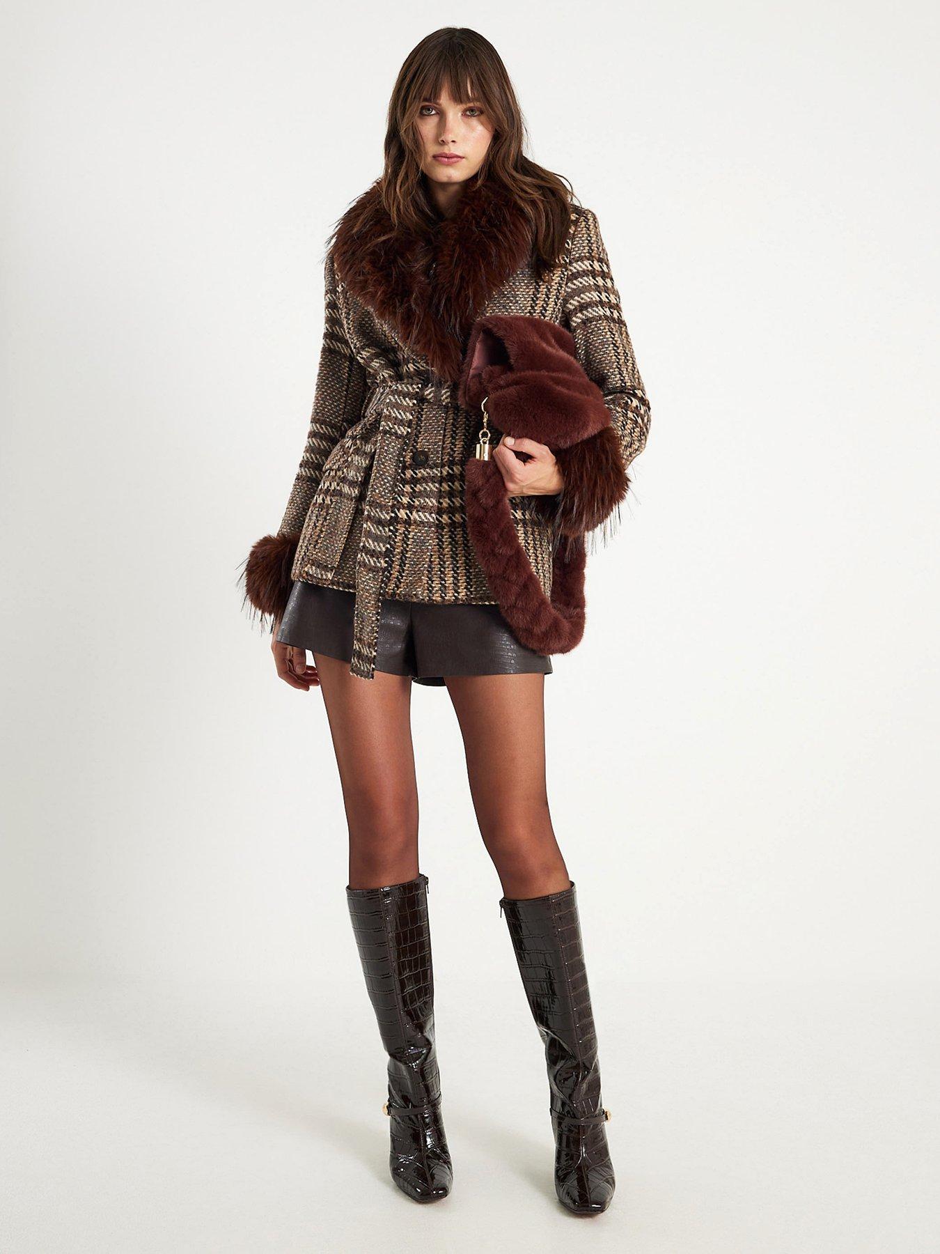 River Island Faux Fur Collar Check Wrap Coat - Brown