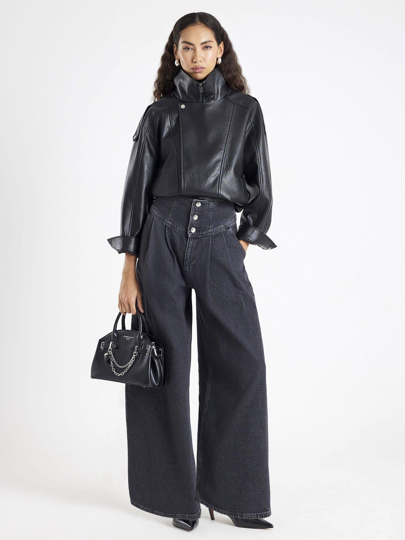 River Island Wide Leg Corset Button Up Jeans - Grey