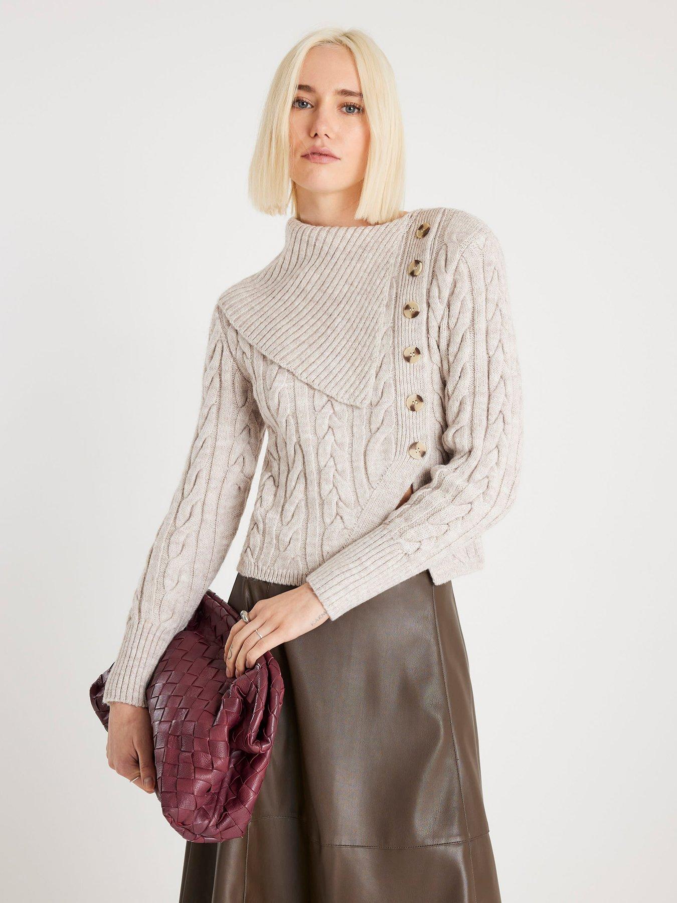 River Island Cable Knit Fold Over Jumper - Beige