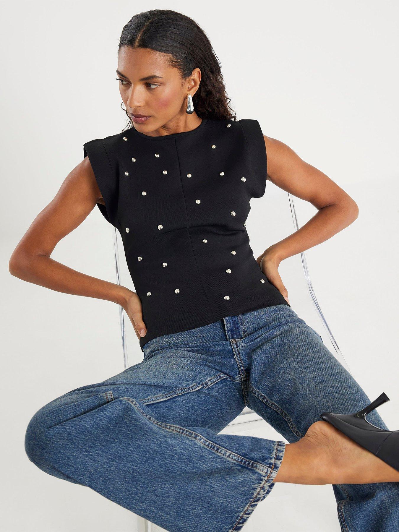 River Island Knit Sleeveless Studded Fitted Top - Black