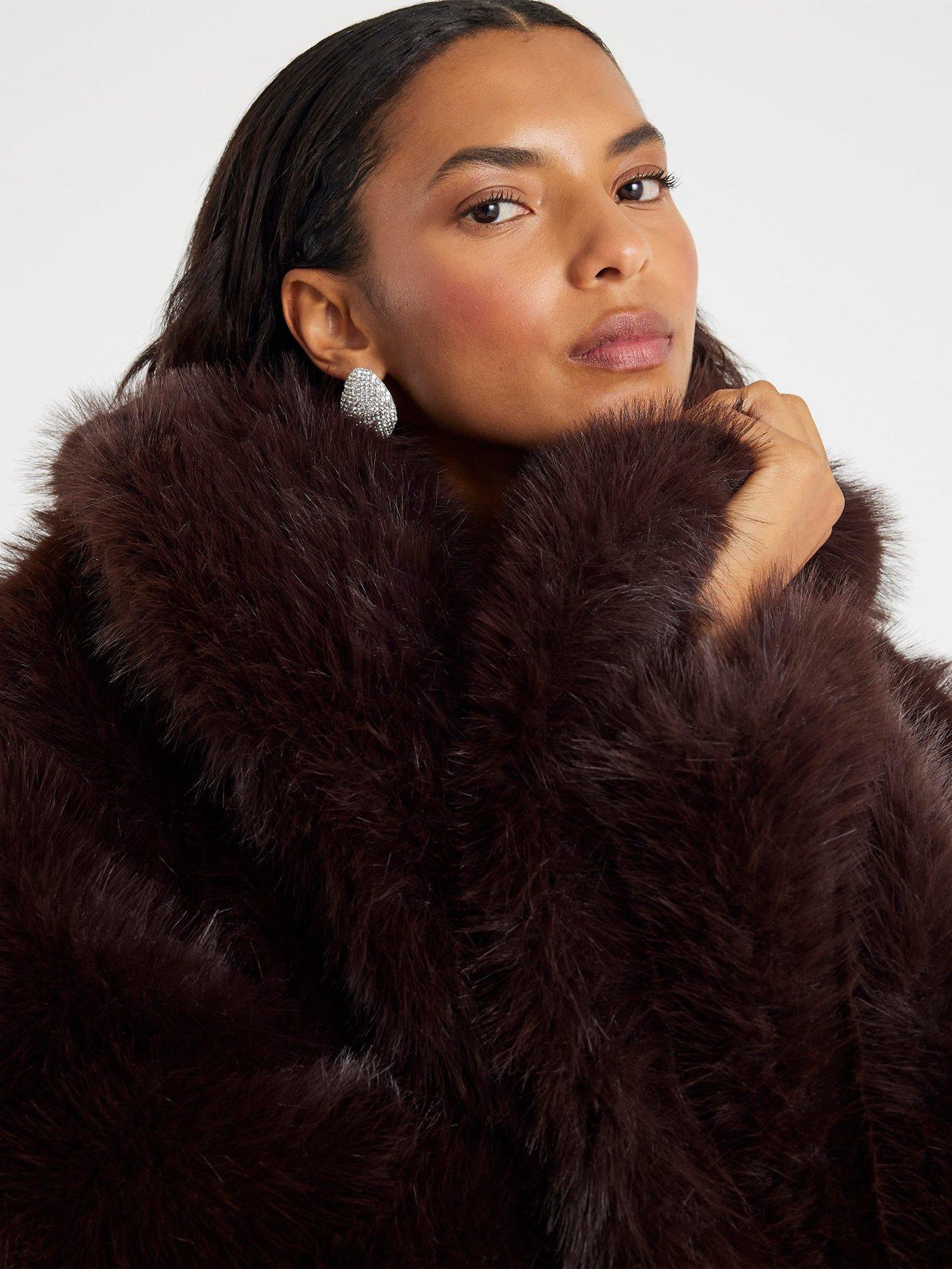 Fur Collar Chocolate Brown Fur Coat Chocolate Brown Faux Fur Midi