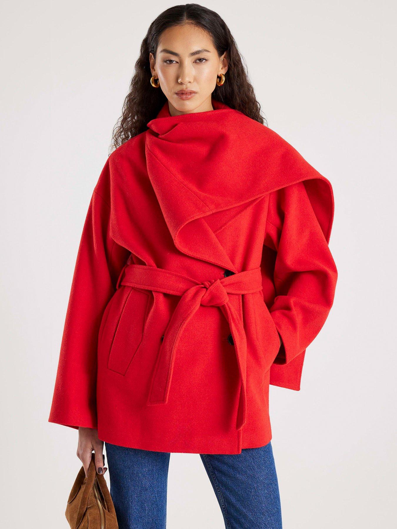 River Island Wool Blend Mid Length Scarf Coat - Red