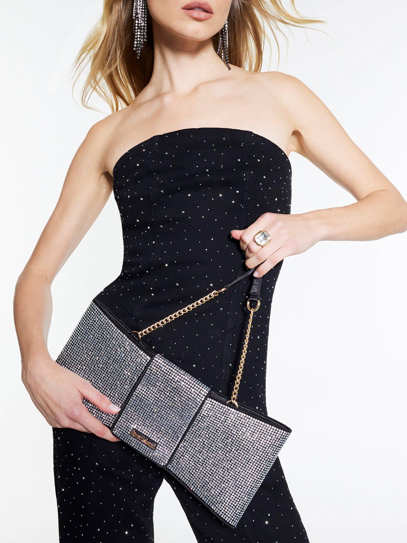 River Island Satin Diamante Bow Clutch Bag - Black