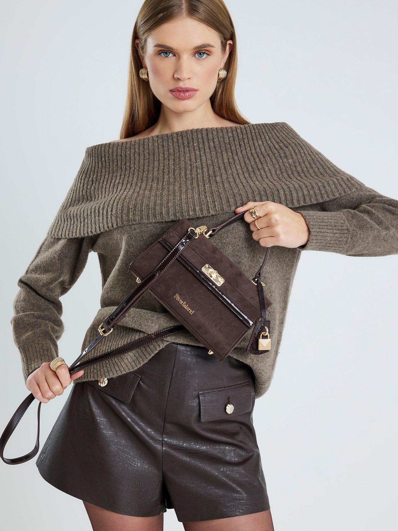 River Island Faux Suede Lock Front Tote Bag - Brown